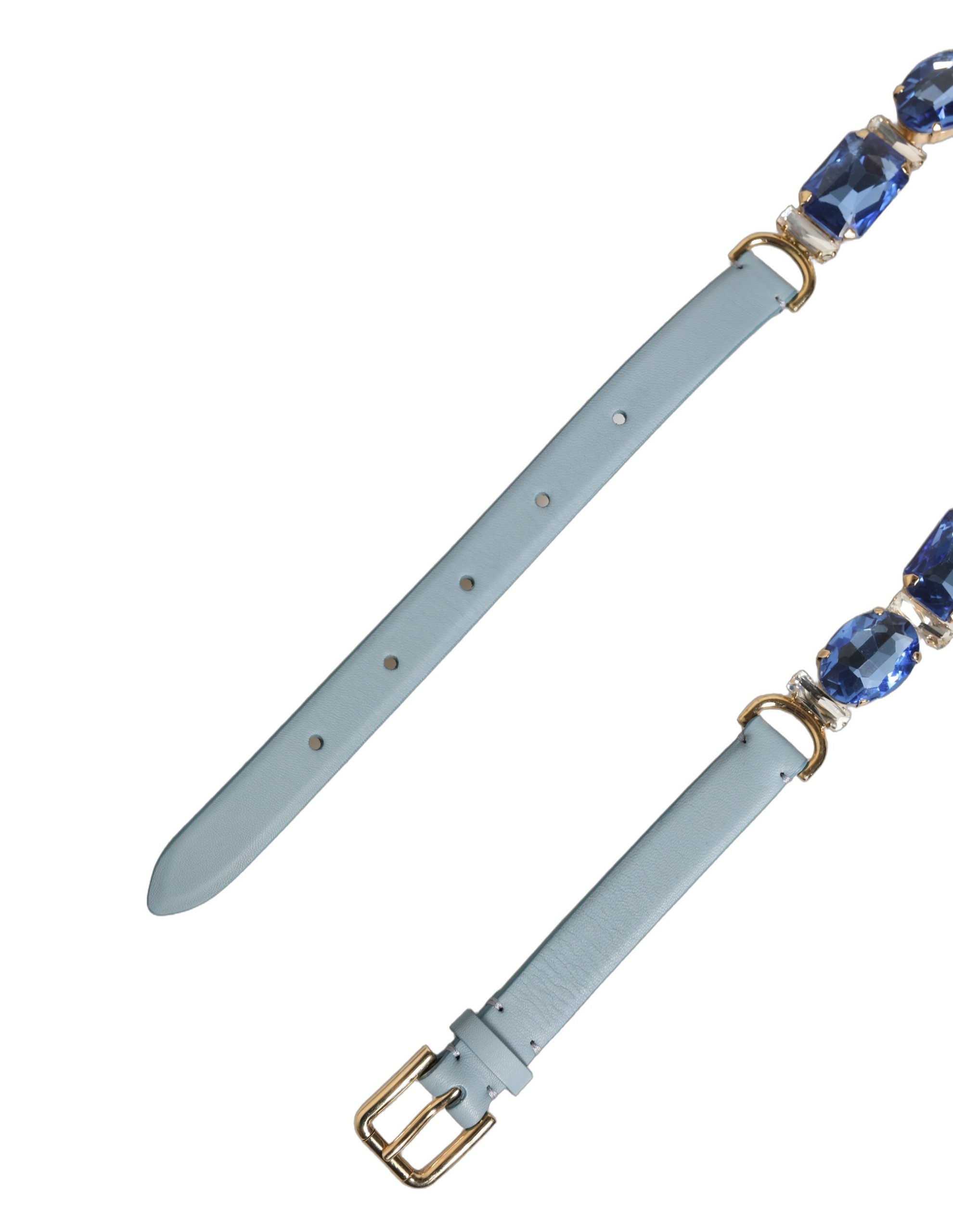 Dolce & Gabbana Blue Leather Crystal Chain Embellished Women's Belt