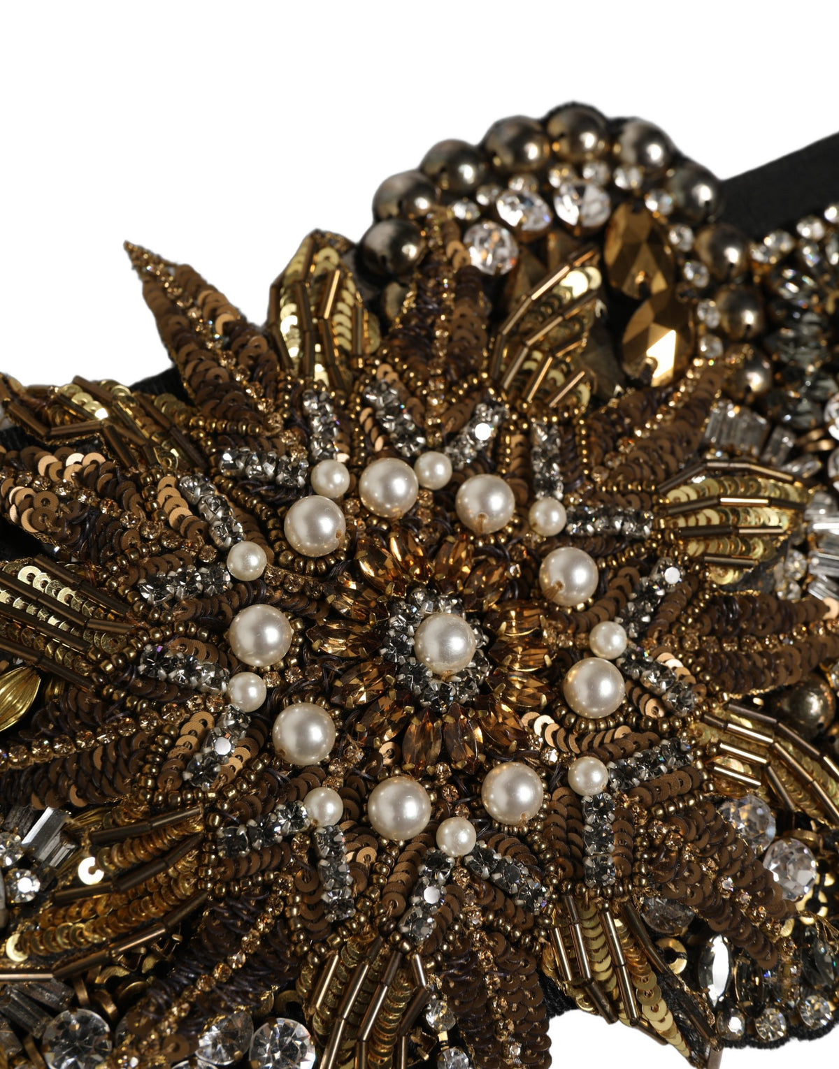 Dolce & Gabbana Black Gold Tone Crystal Brass Flower Brooches Women's Belt