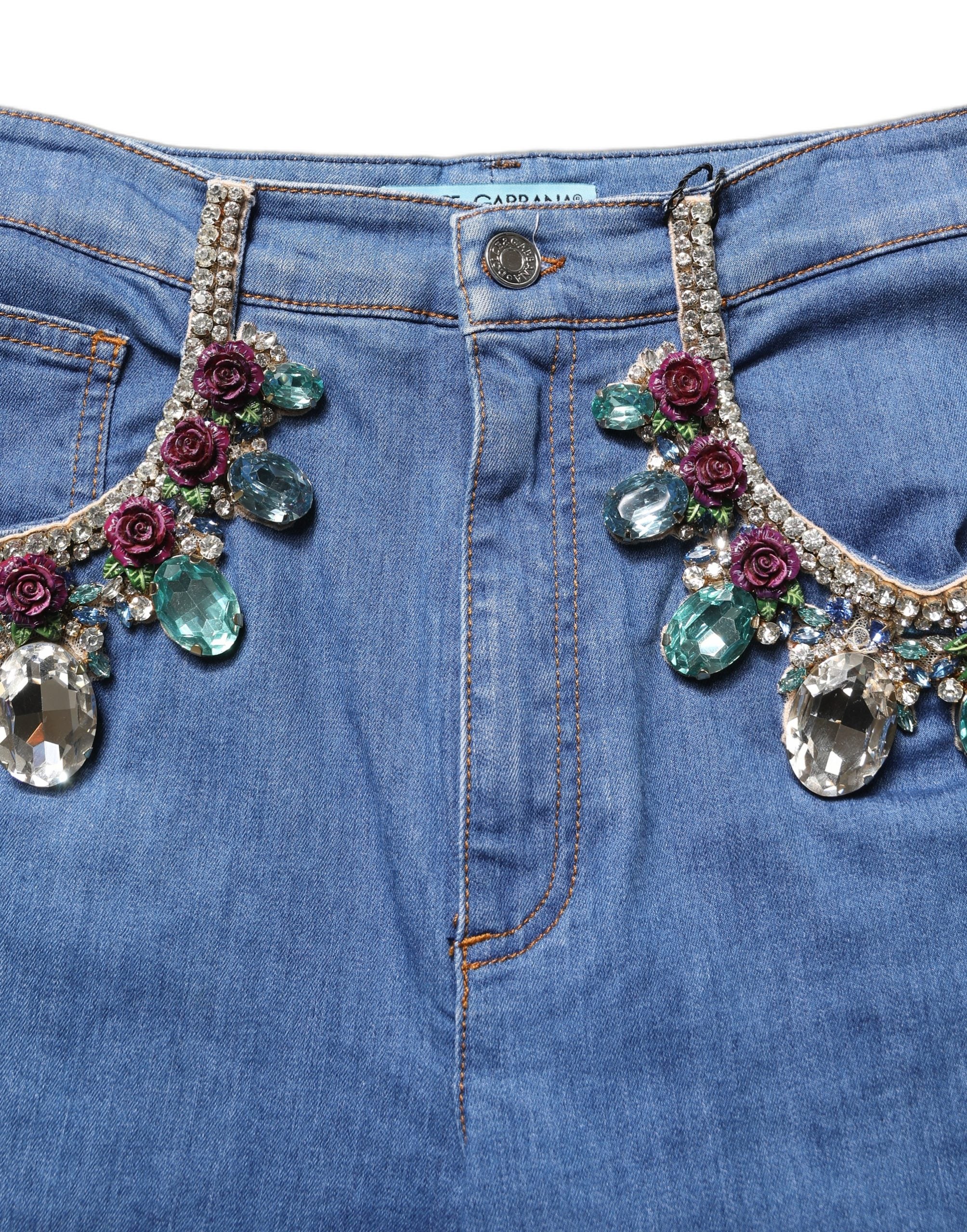 Dolce & Gabbana Blue Cotton Embellished BermudaDenim Women's Shorts