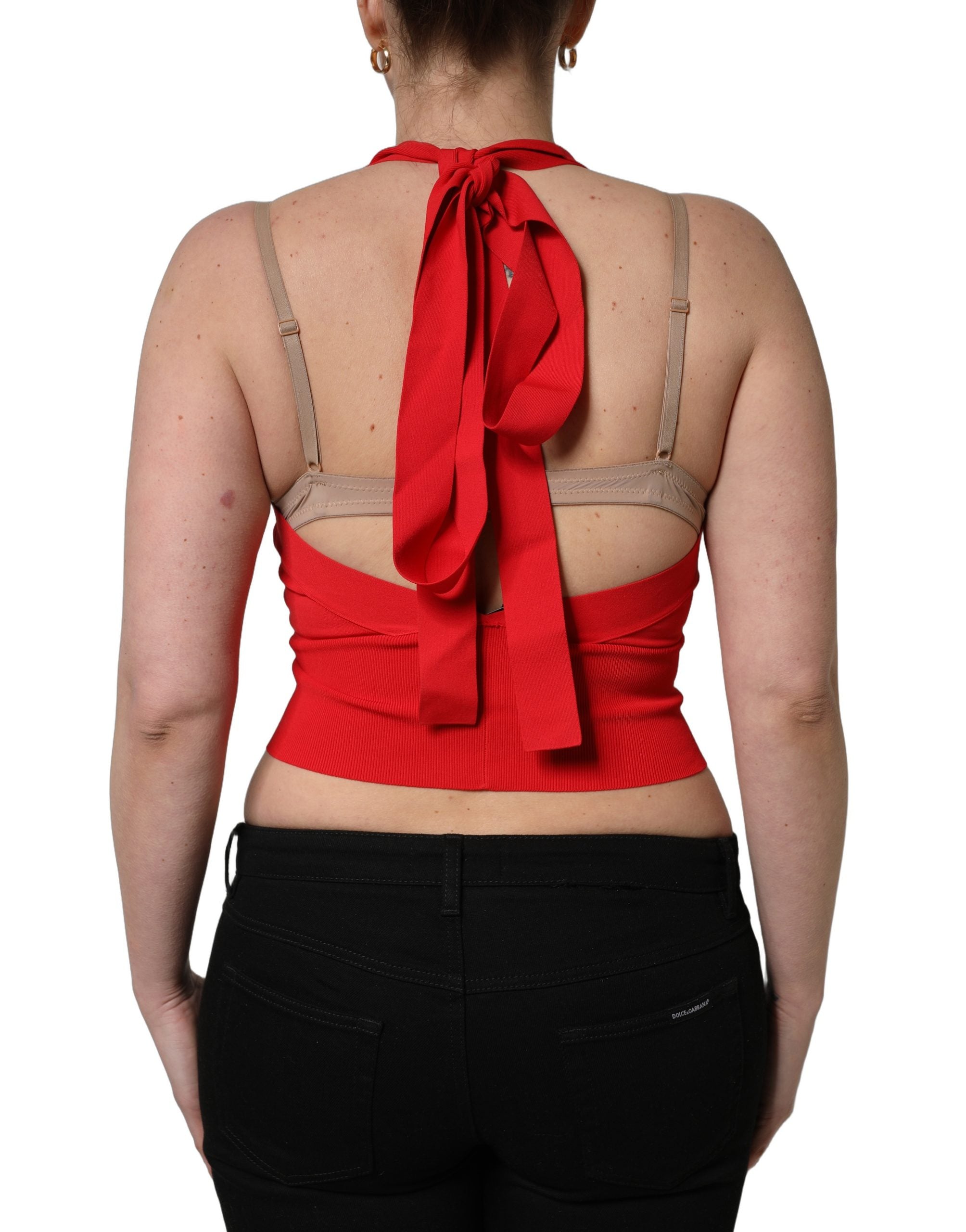 Dolce & Gabbana Red Viscose Sleeveless Halter Crop Tank Women's Top