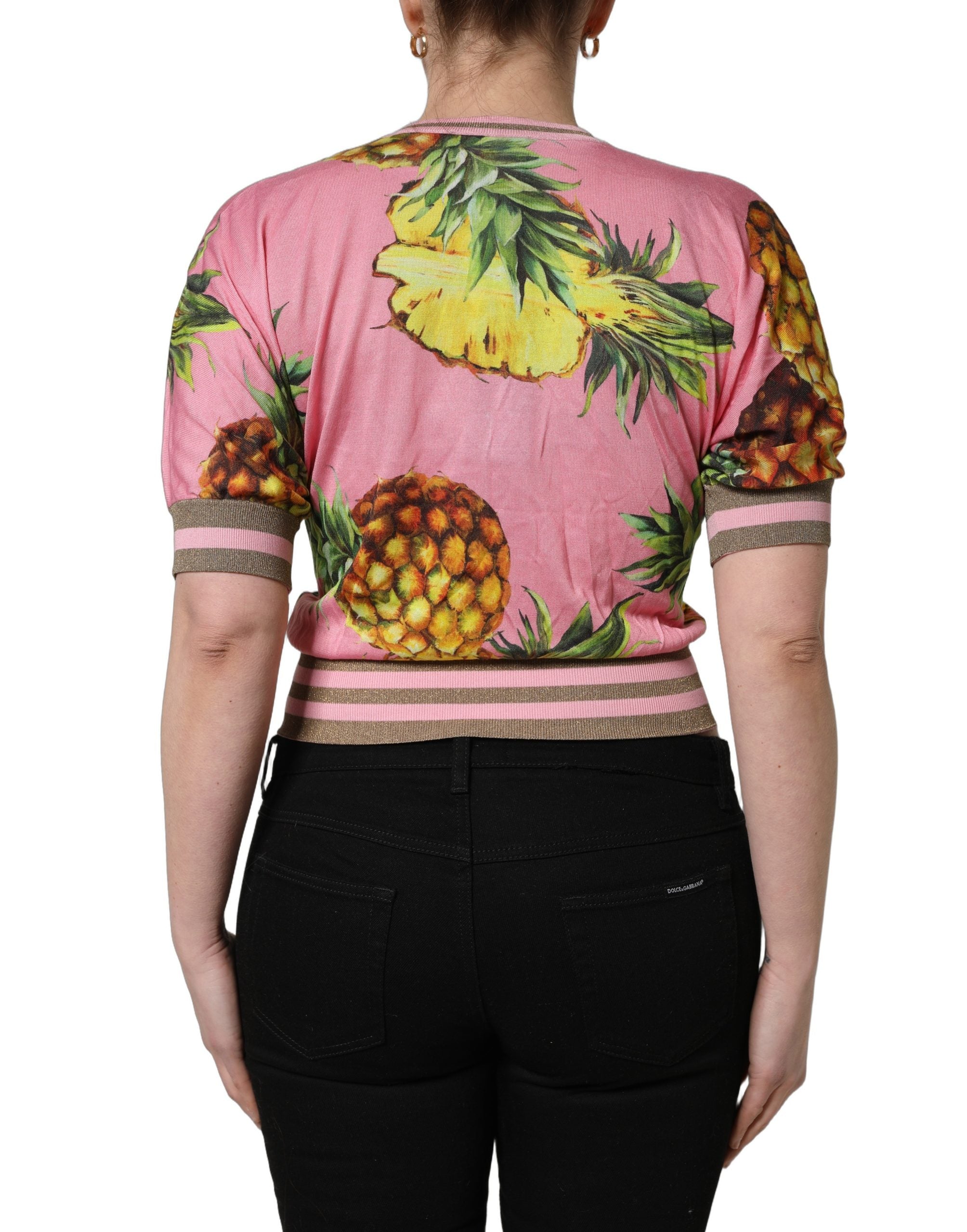 Dolce & Gabbana Pink Pineapple Vneck Short Sleeve Cropped Women's Top