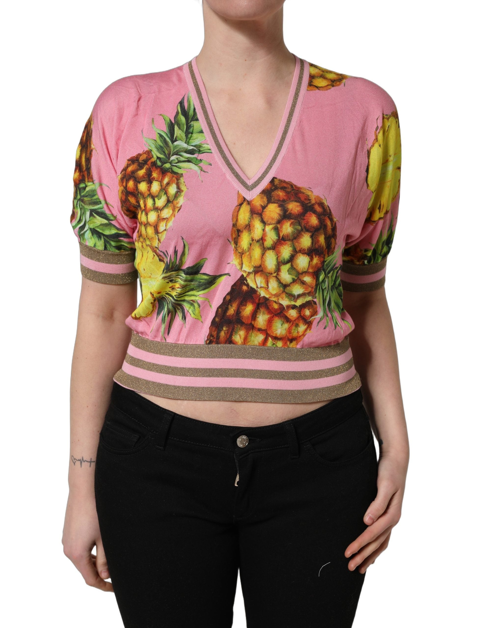 Dolce & Gabbana Pink Pineapple Vneck Short Sleeve Cropped Women's Top