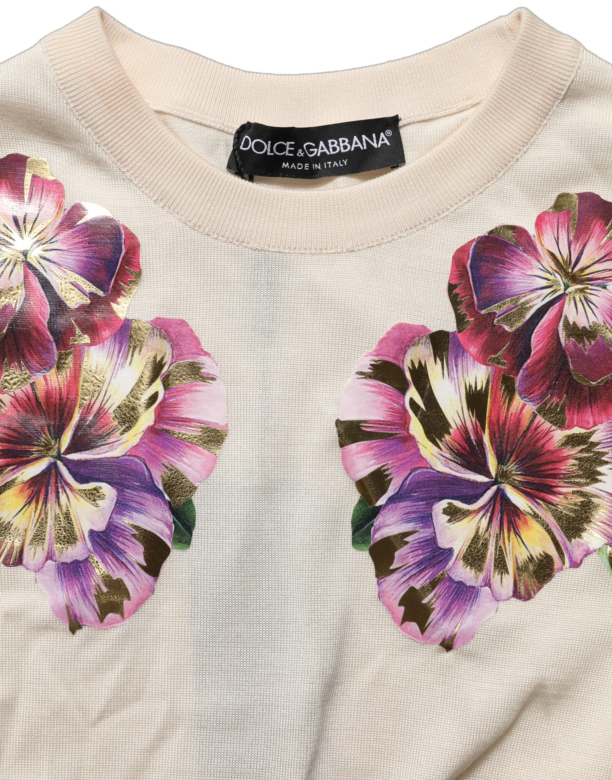 Dolce & Gabbana Beige Floral Print Silk CrewNeck Pullover Women's Top (Pre-Owned)