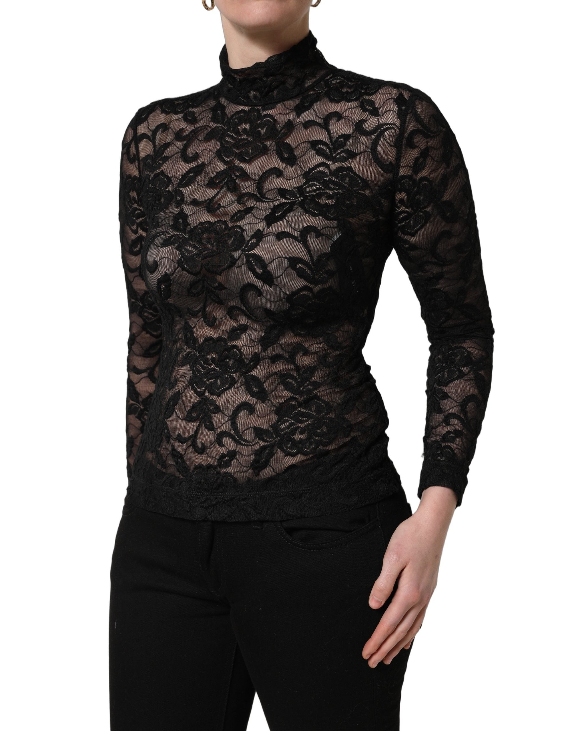 Dolce & Gabbana Black Floral Lace Turtle Neck Long Sleeve Women's Top (Pre-Owned)