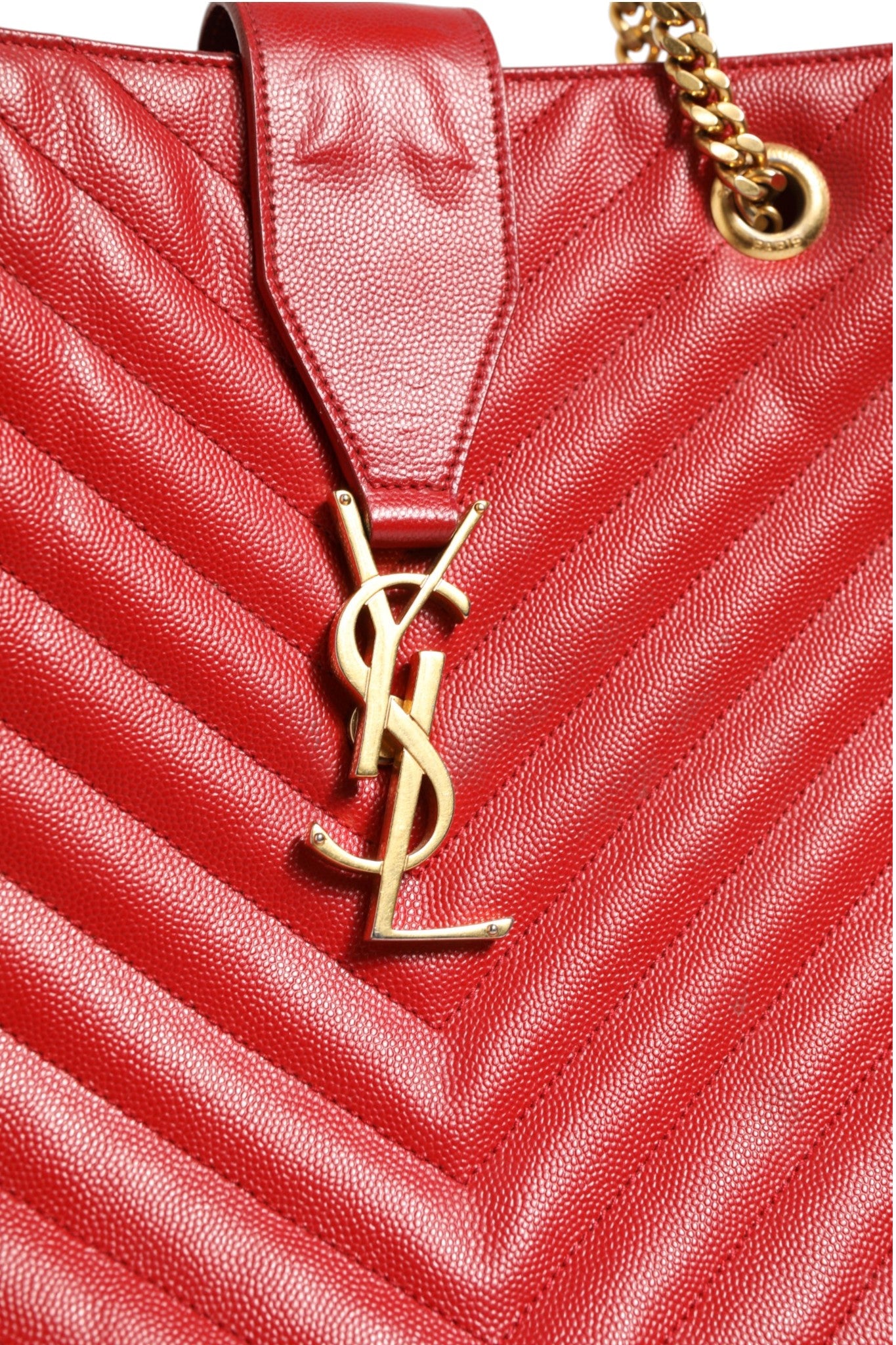Saint Laurent Red Chevron Quilted Grained Leather Monogram Tote Women's Bag (Pre-Owned)