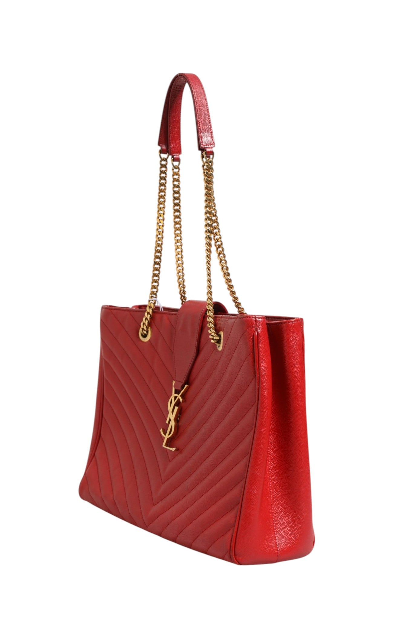 Saint Laurent Red Chevron Quilted Grained Leather Monogram Tote Women's Bag (Pre-Owned)