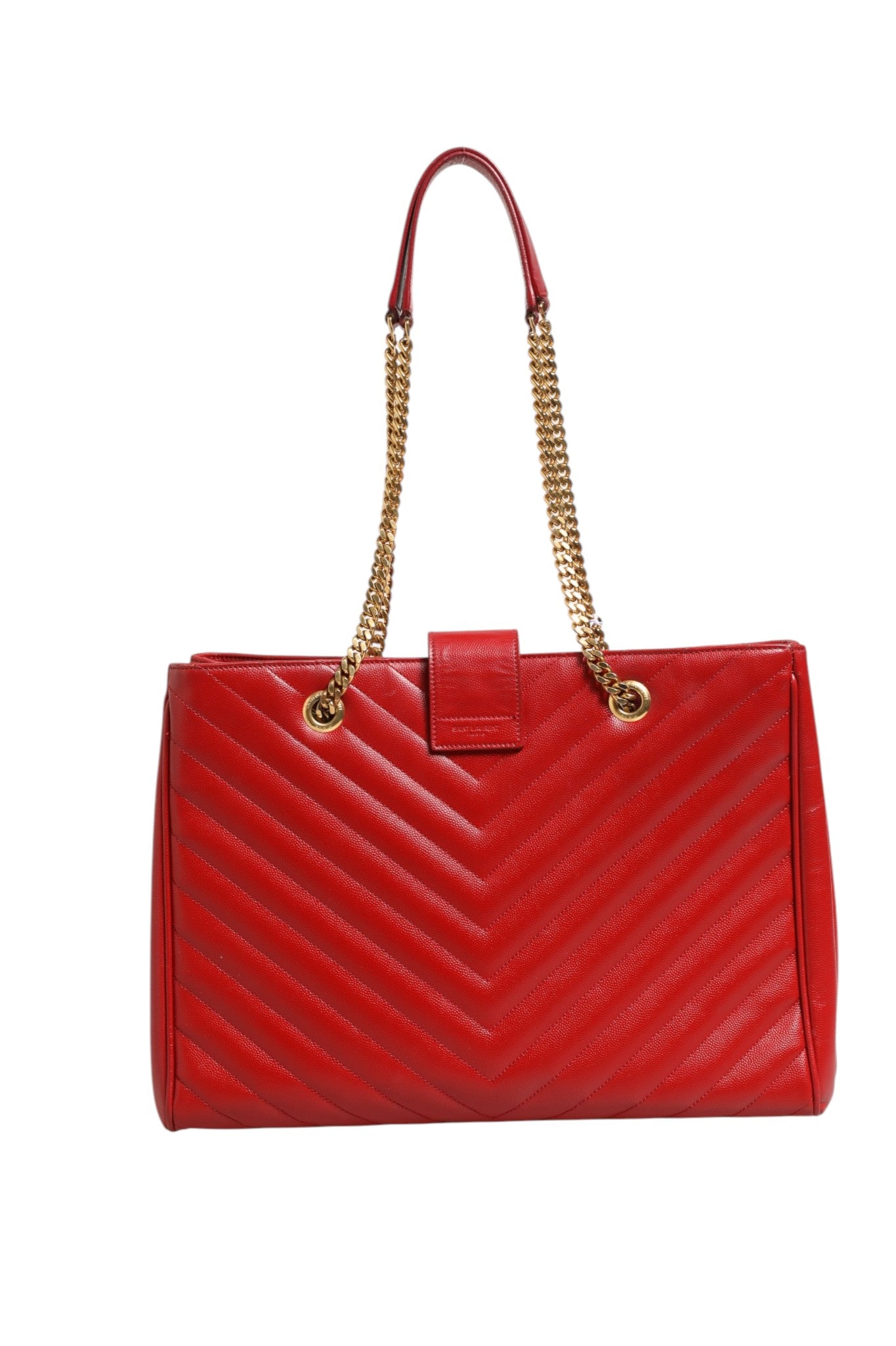 Saint Laurent Red Chevron Quilted Grained Leather Monogram Tote Women's Bag (Pre-Owned)