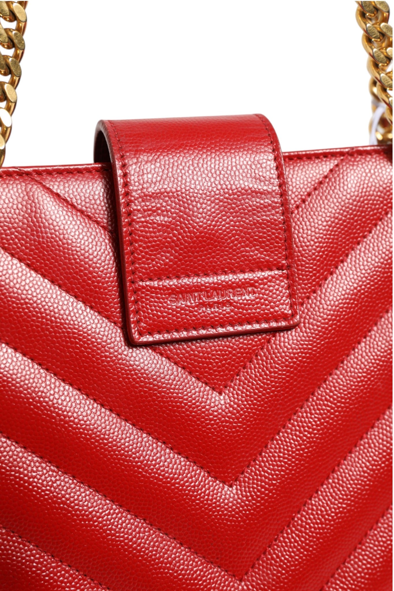 Saint Laurent Red Chevron Quilted Grained Leather Monogram Tote Women's Bag (Pre-Owned)