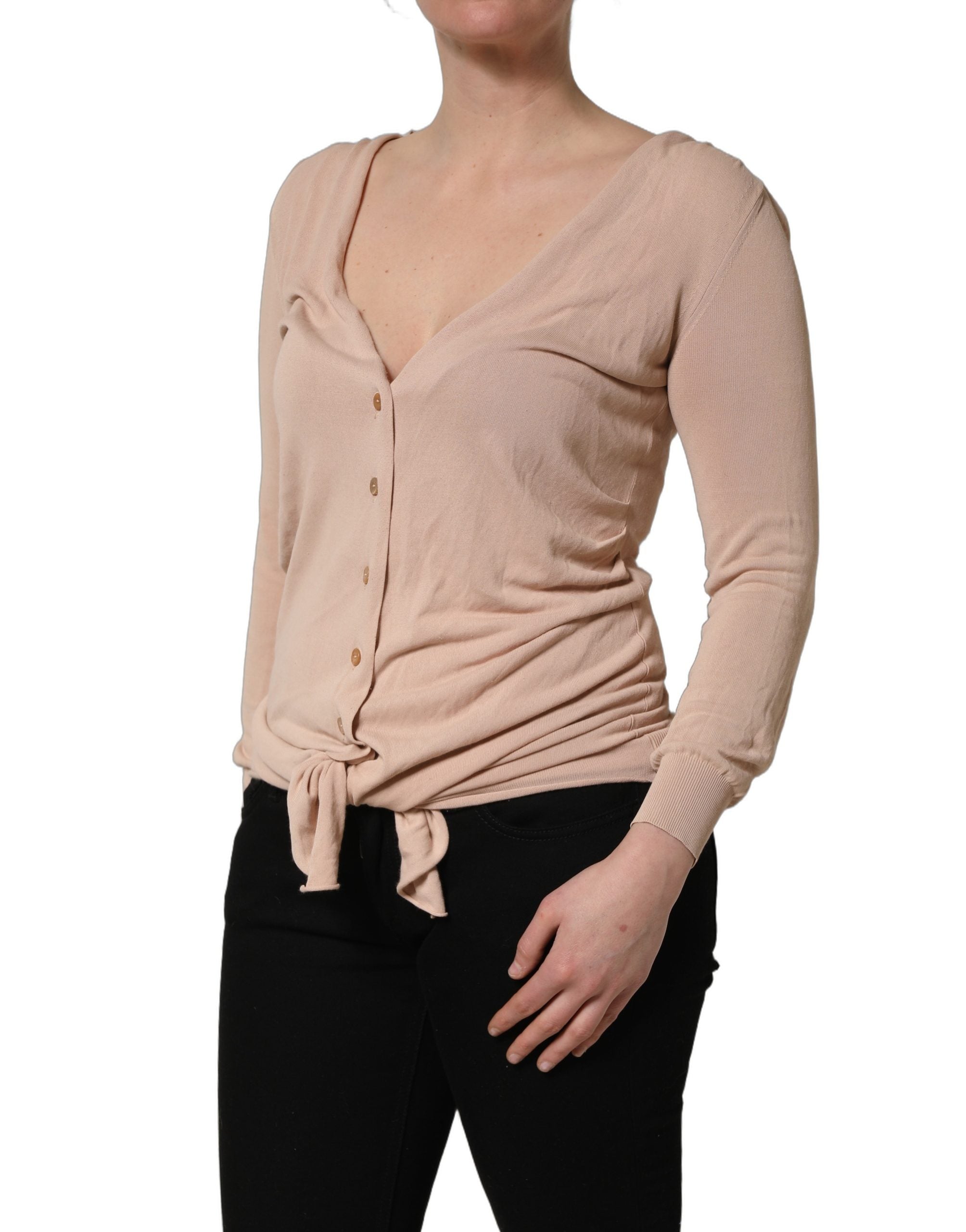Dolce & Gabbana Beige Ribbed V-neck Front Tie Cardigan Women's Sweater (Pre-Owned)