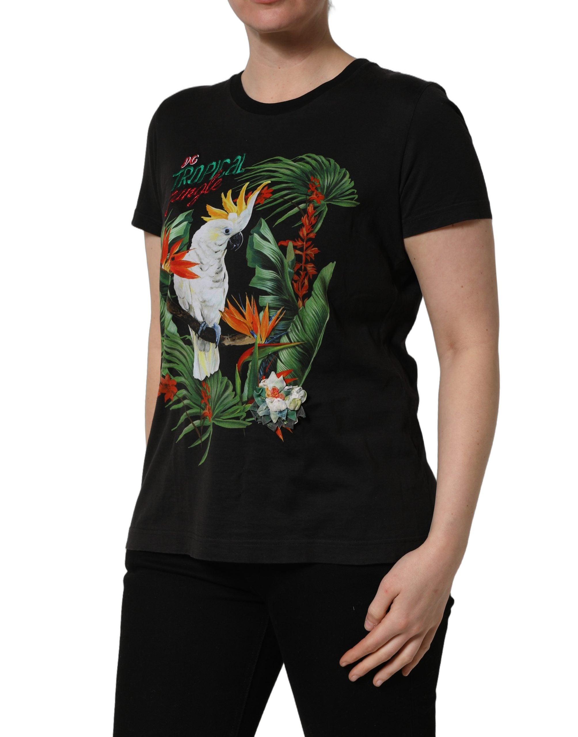 Dolce & Gabbana Black Tropical Jungle Round Neck Women's T-shirt (Pre-Owned)