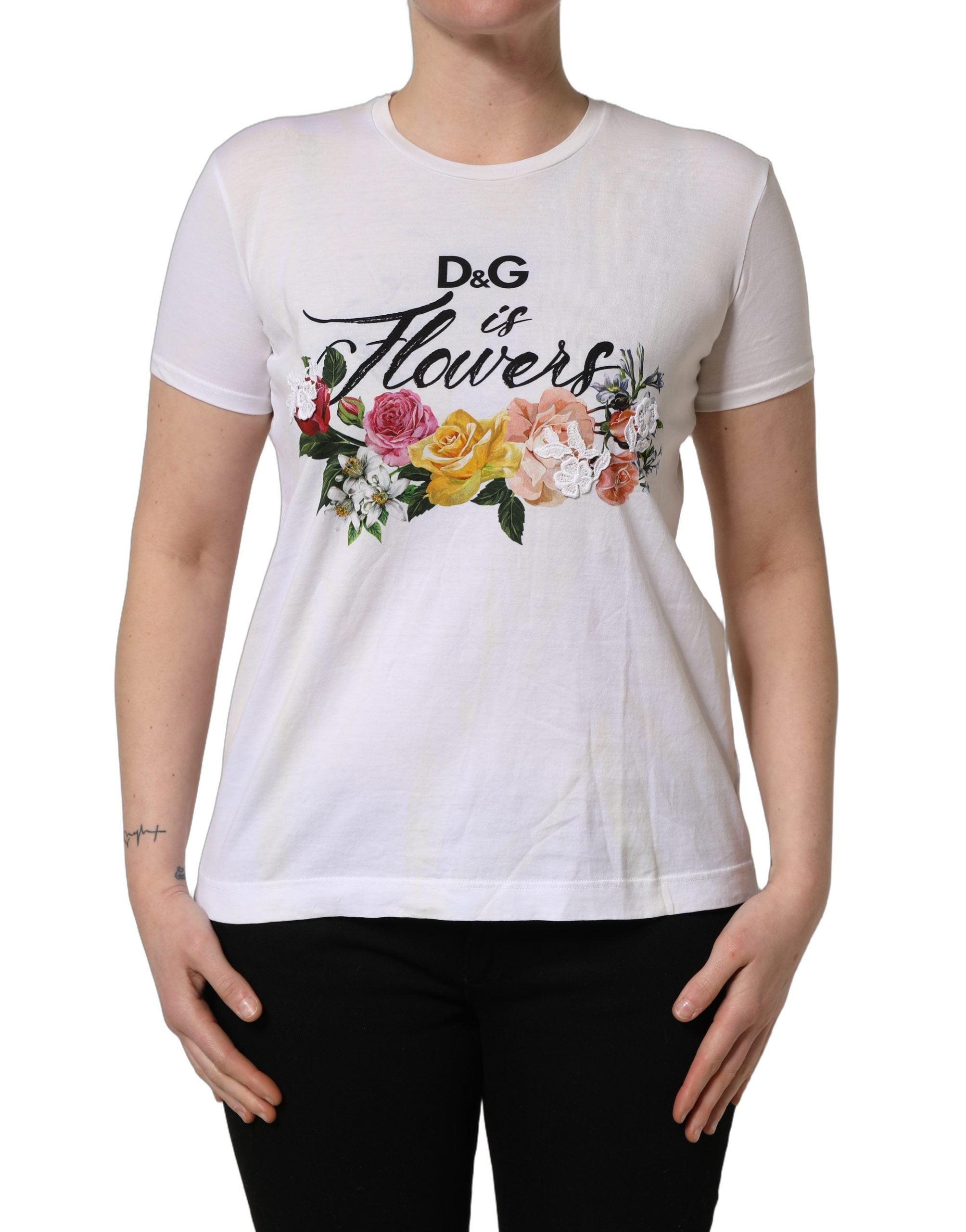 Dolce & Gabbana White D&G is Flowers Print Round Neck Women's T-shirt (Pre-Owned)