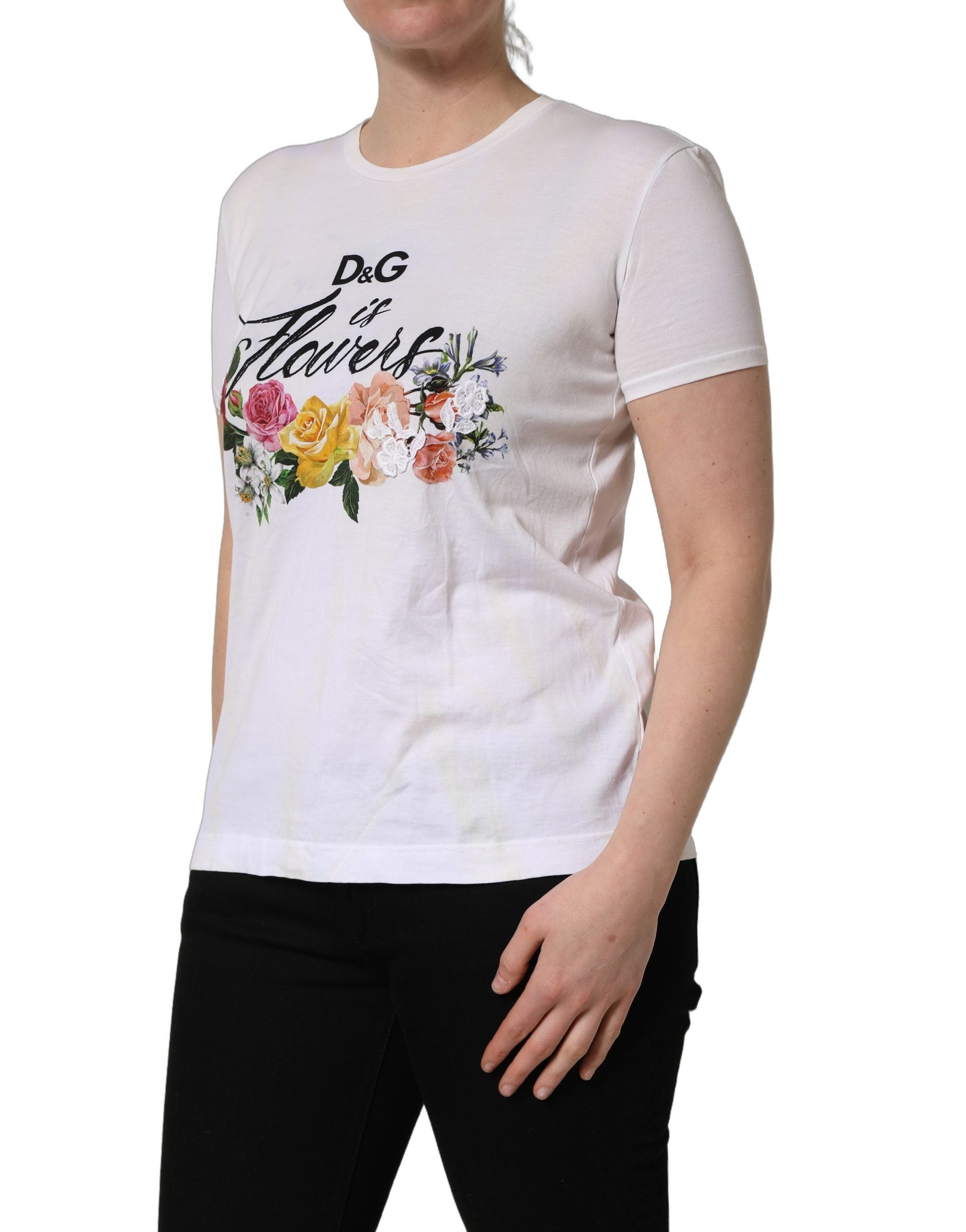 Dolce & Gabbana White D&G is Flowers Print Round Neck Women's T-shirt (Pre-Owned)