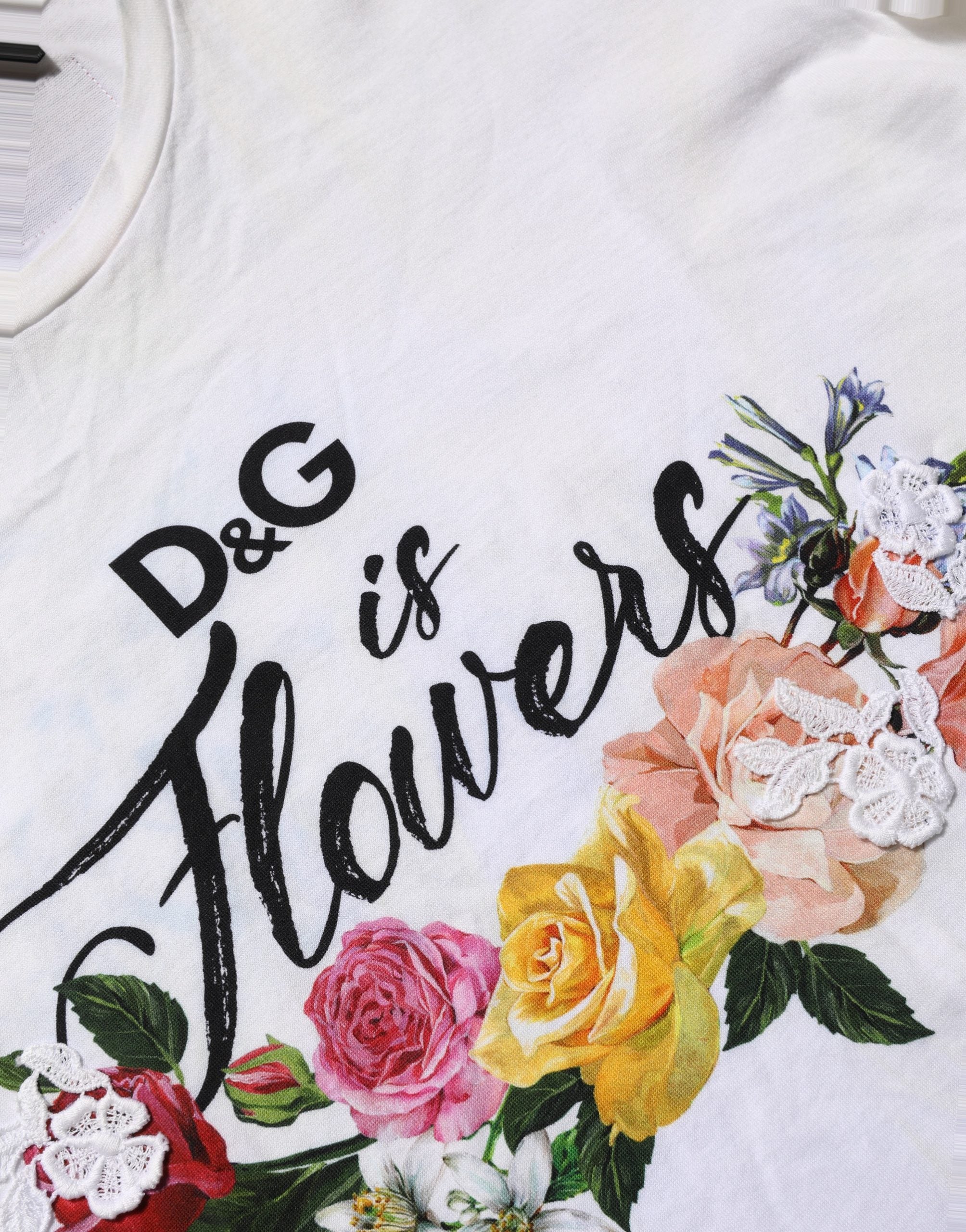 Dolce & Gabbana White D&G is Flowers Print Round Neck Women's T-shirt (Pre-Owned)