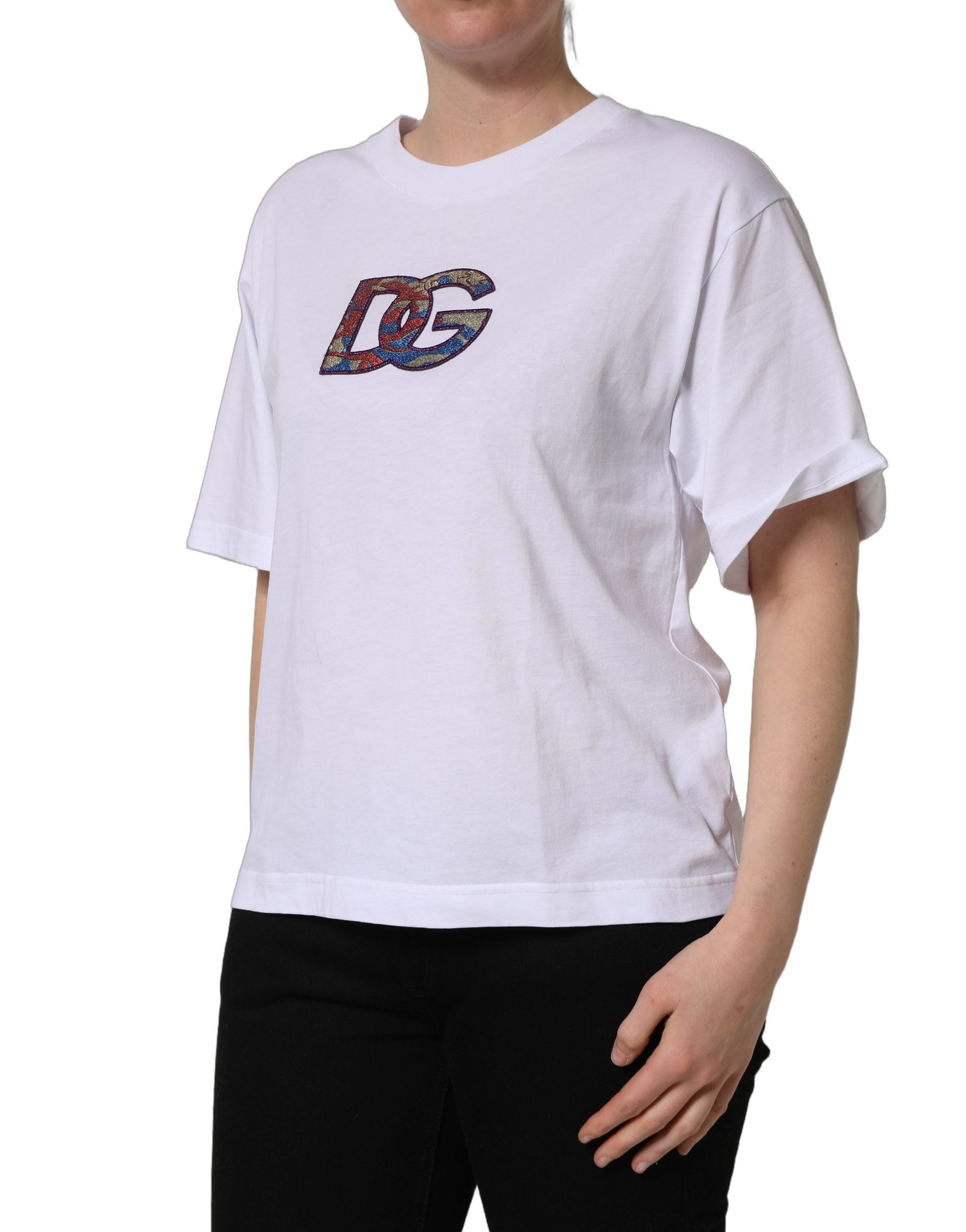 Dolce & Gabbana White Cotton DG Logo Patch Crew Neck Women's T-shirt (Pre-Owned)