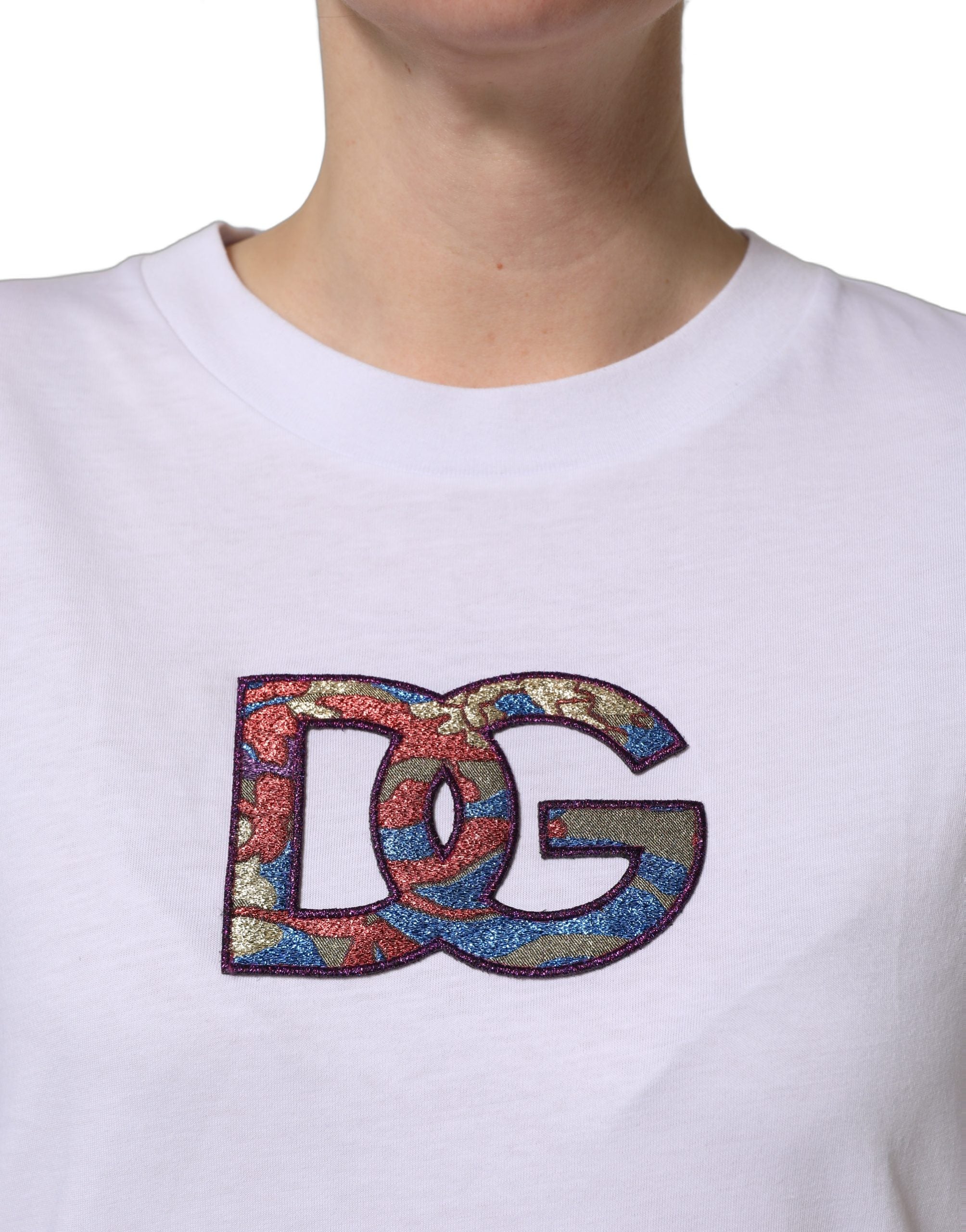 Dolce & Gabbana White Cotton DG Logo Patch Crew Neck Women's T-shirt (Pre-Owned)