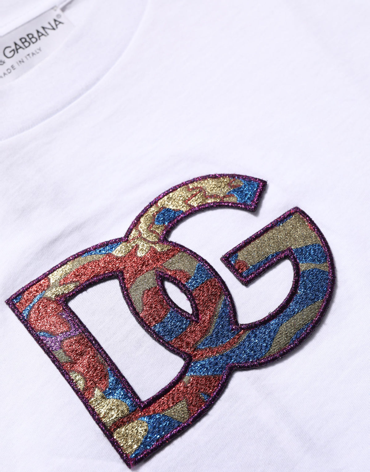 Dolce & Gabbana White Cotton DG Logo Patch Crew Neck Women's T-shirt (Pre-Owned)