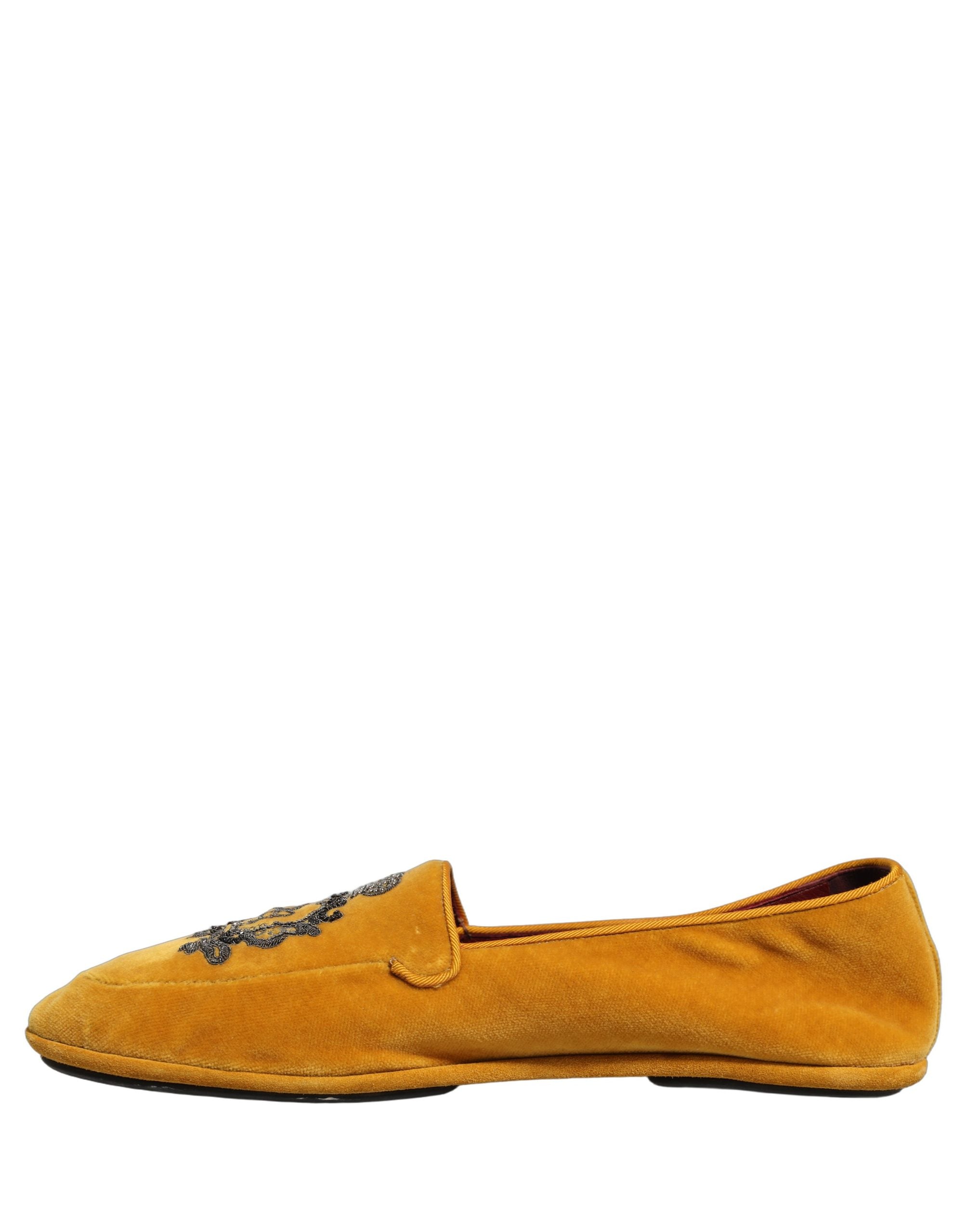 Dolce & Gabbana Yellow Velvet Crown Embroidery Loafers Men's Shoes