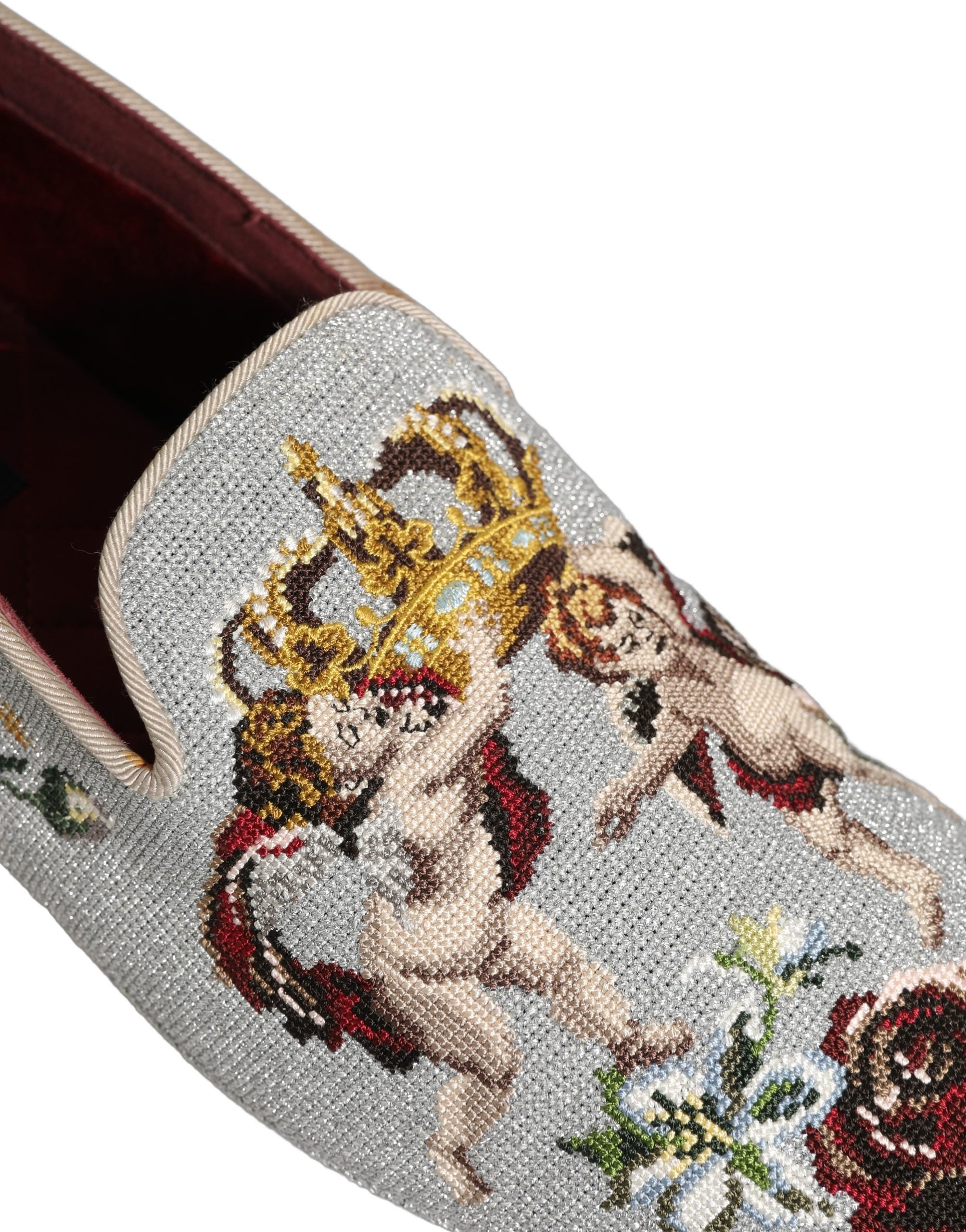 Dolce & Gabbana Gray Crown Rose Angel Embroidery Loafer Men's Shoes