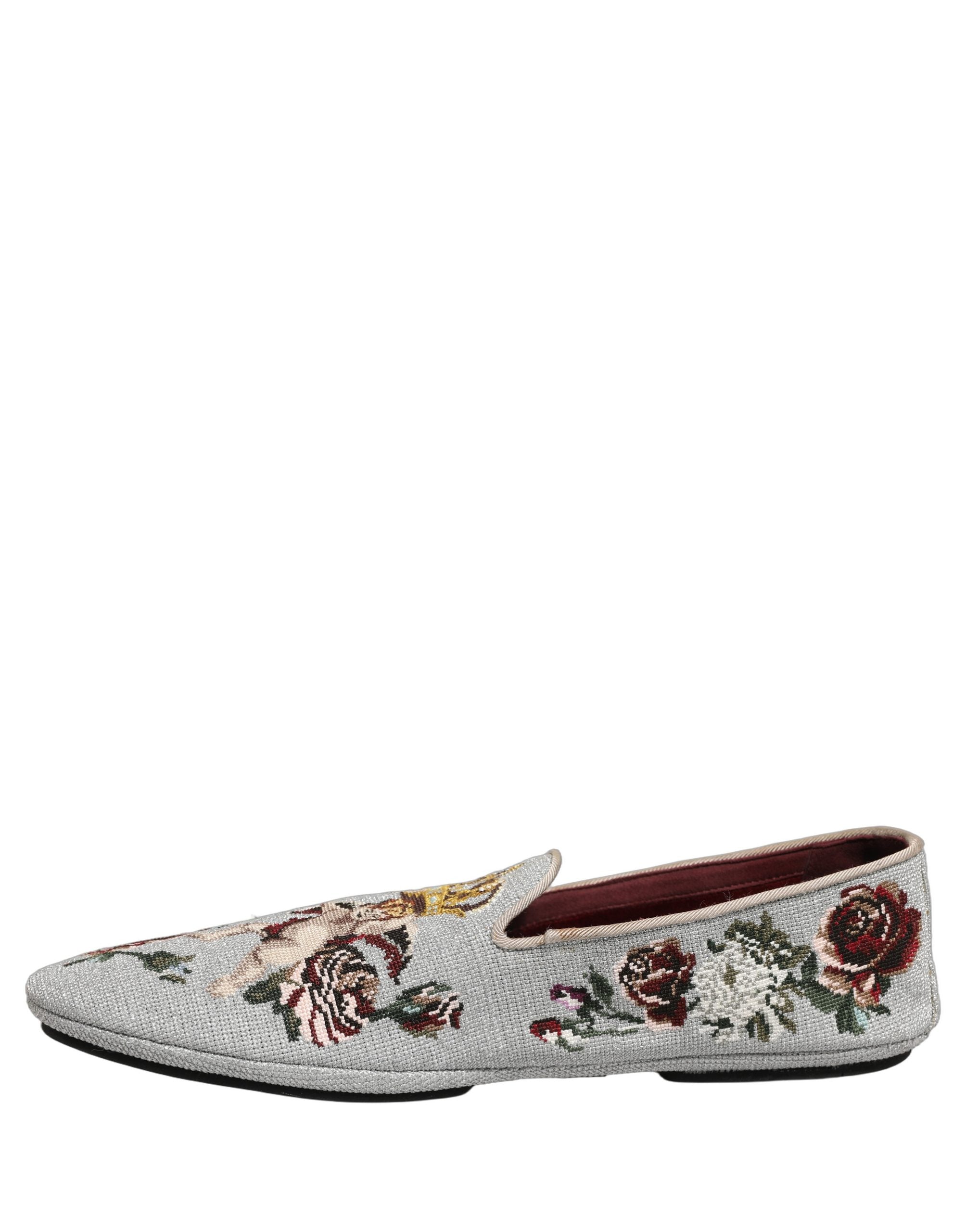 Dolce & Gabbana Gray Crown Rose Angel Embroidery Loafer Men's Shoes