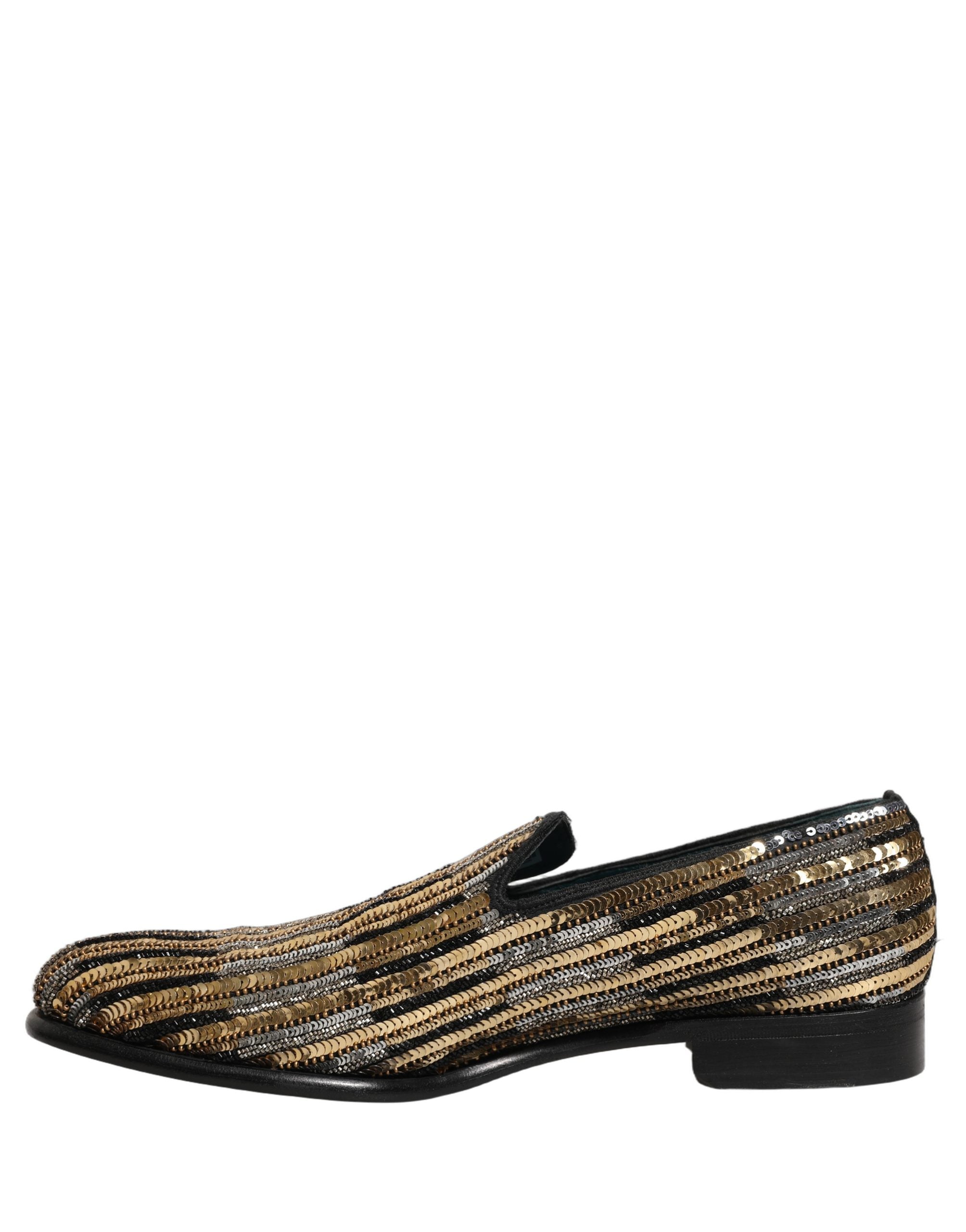 Dolce & Gabbana Gold Striped Sequin Embellished Loafer Men's Shoes