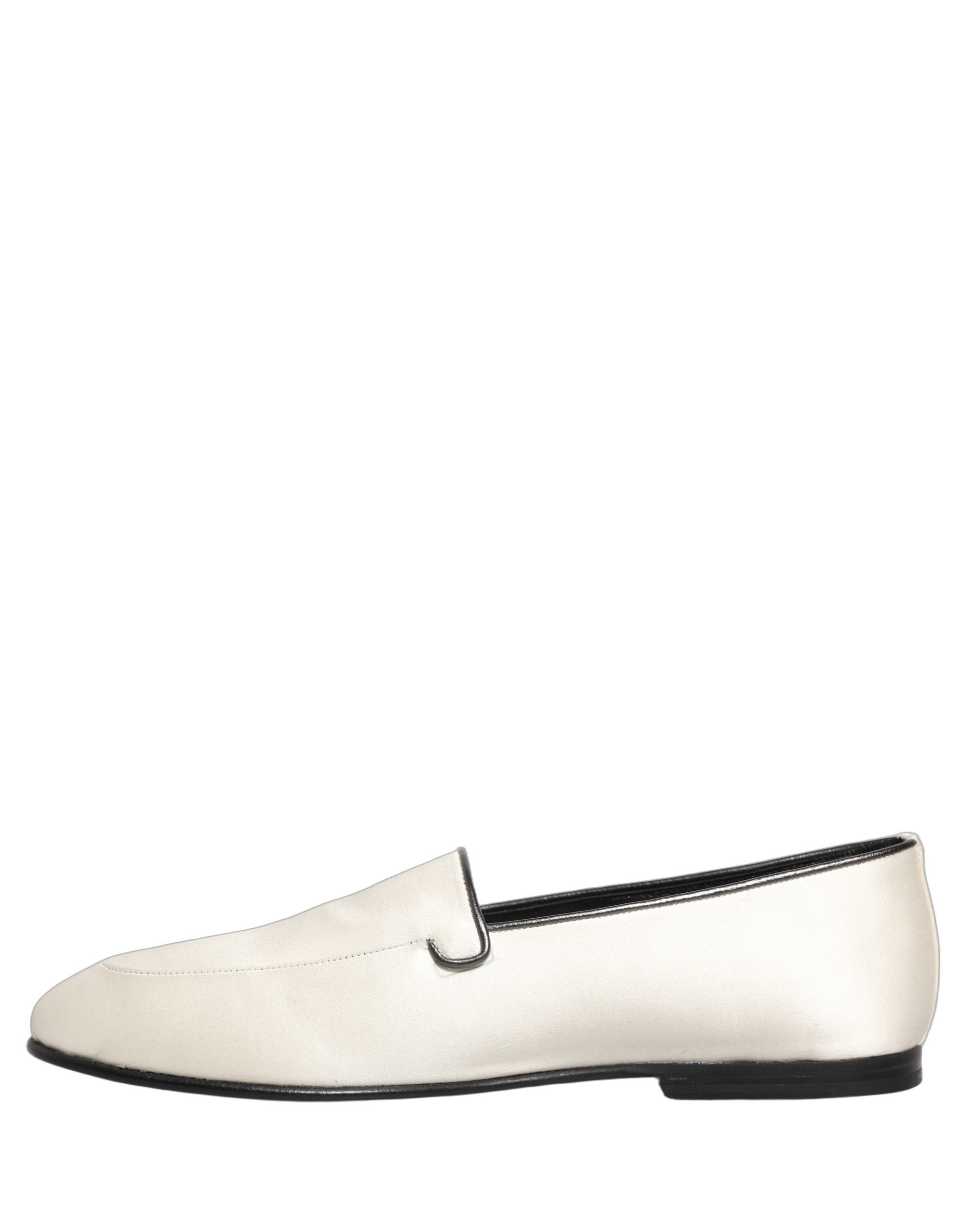 Dolce & Gabbana White Satin Logo Slip On Flats Loafers Men's Shoes