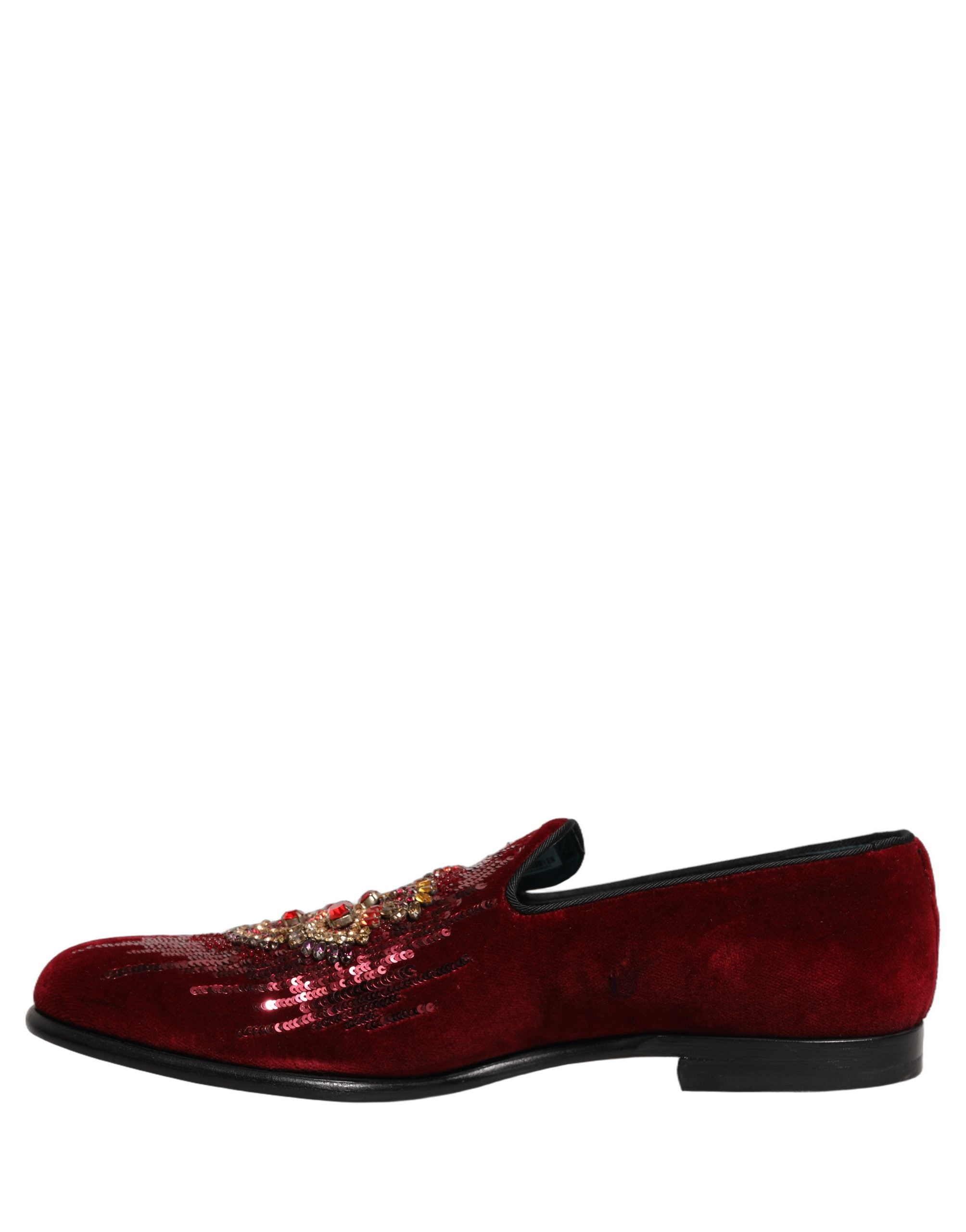 Dolce & Gabbana Maroon Sequin Gemstone Dress Loafers Men's Shoes