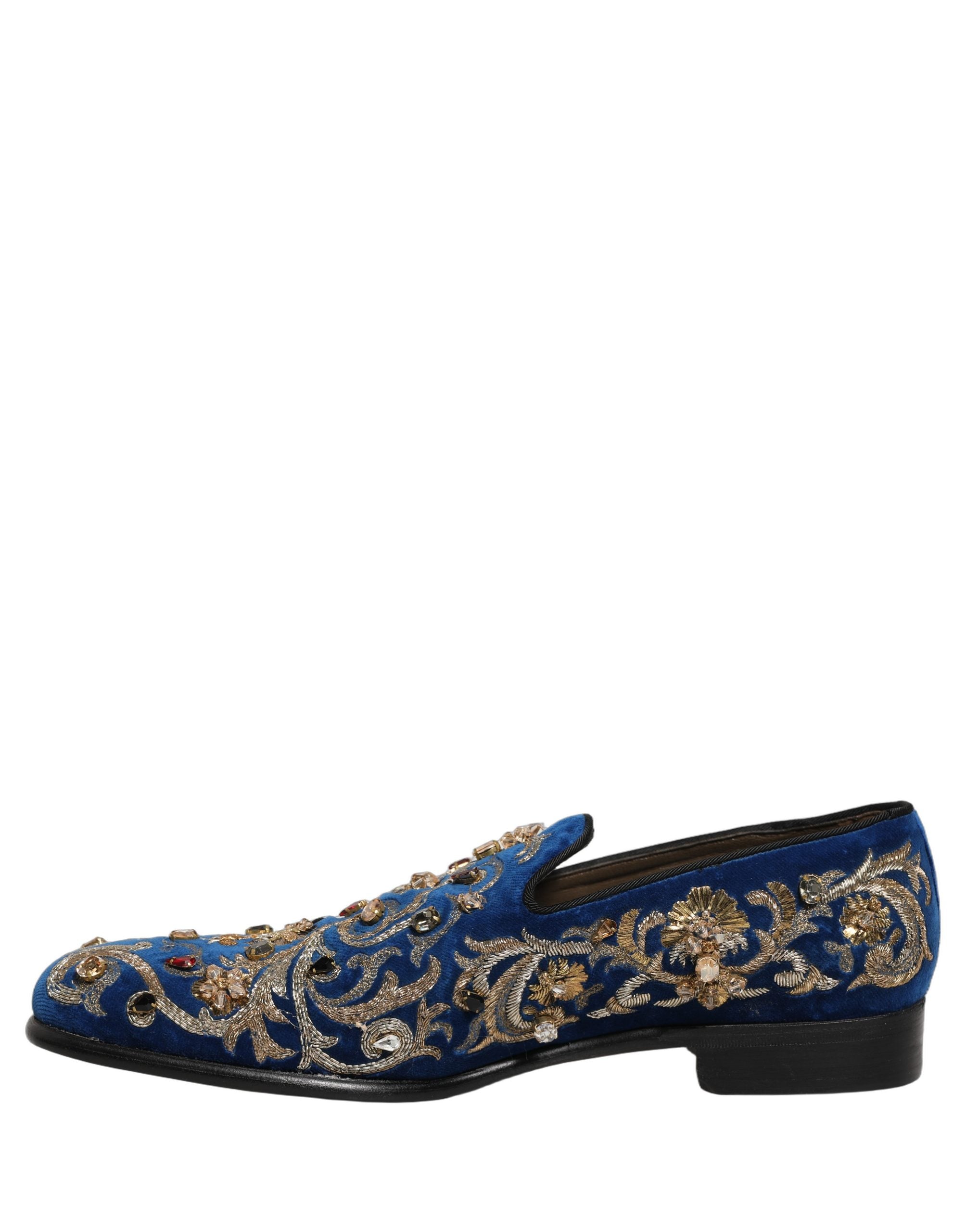 Dolce & Gabbana Blue Velvet Embellished Dress Loafers Men's Shoes
