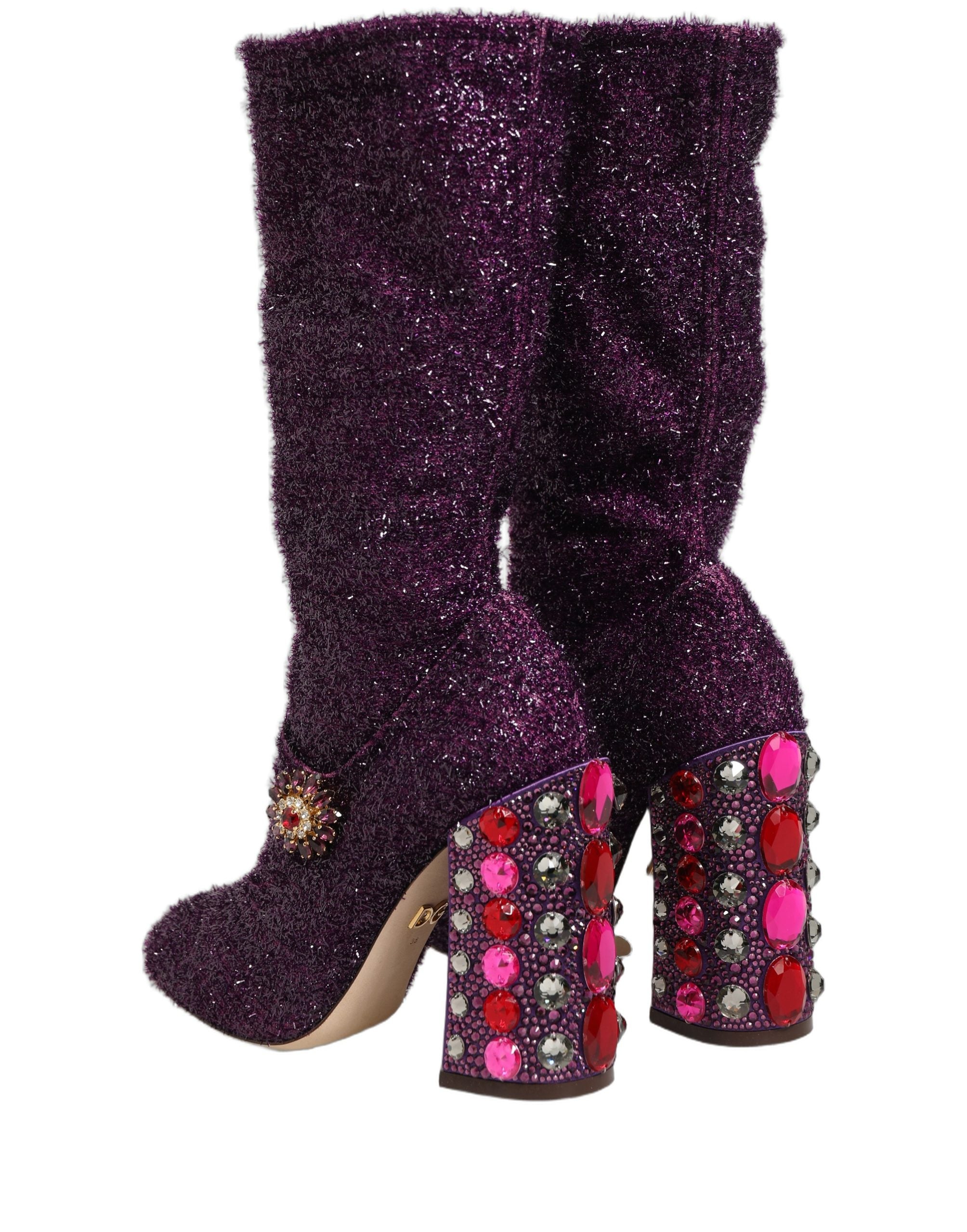 Dolce & Gabbana Purple Crystal Lurex Fantasy High Boots Women's Shoes