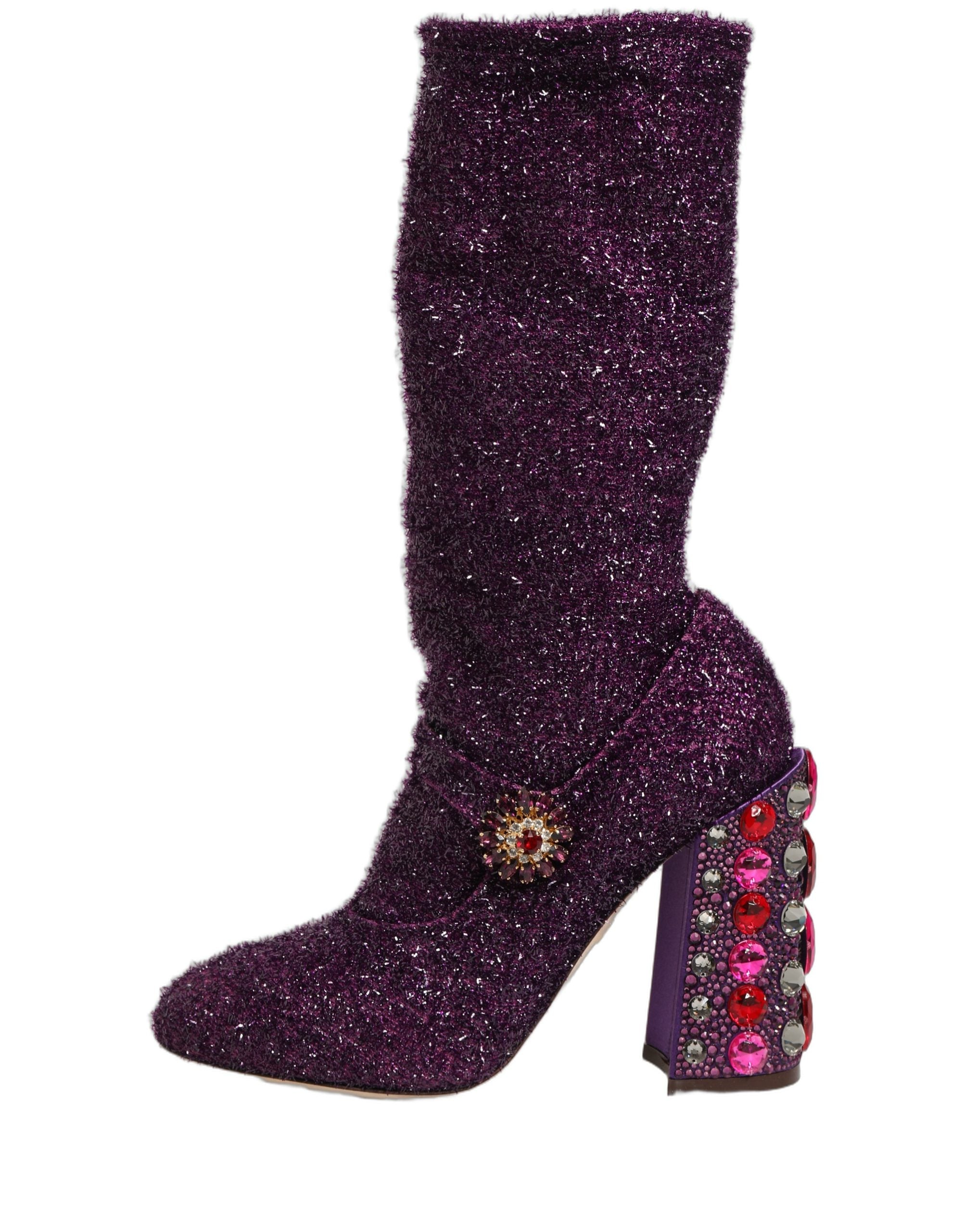 Dolce & Gabbana Purple Crystal Lurex Fantasy High Boots Women's Shoes