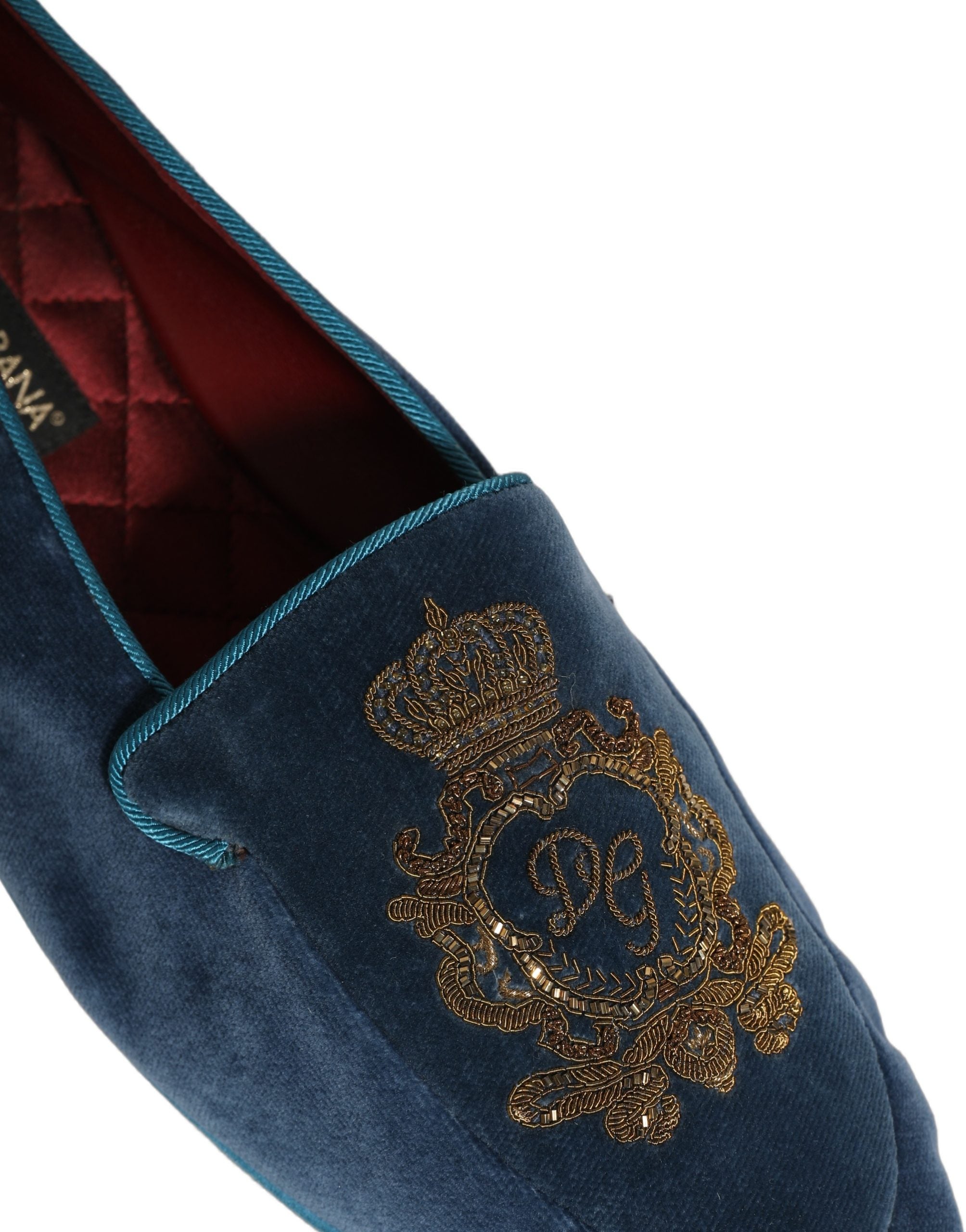 Dolce & Gabbana Blue Velvet Crown Embroidery Loafers Men's Shoes