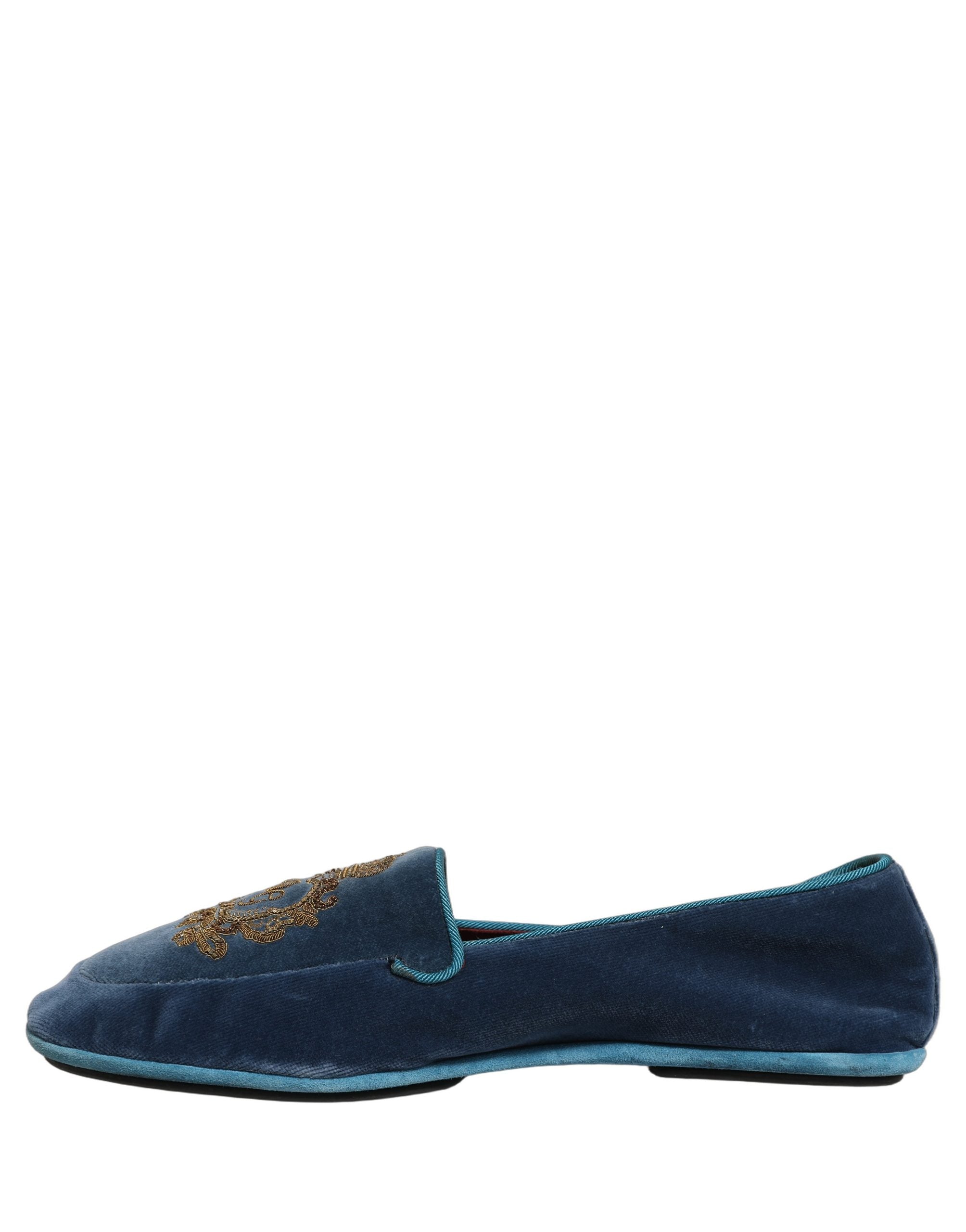 Dolce & Gabbana Blue Velvet Crown Embroidery Loafers Men's Shoes