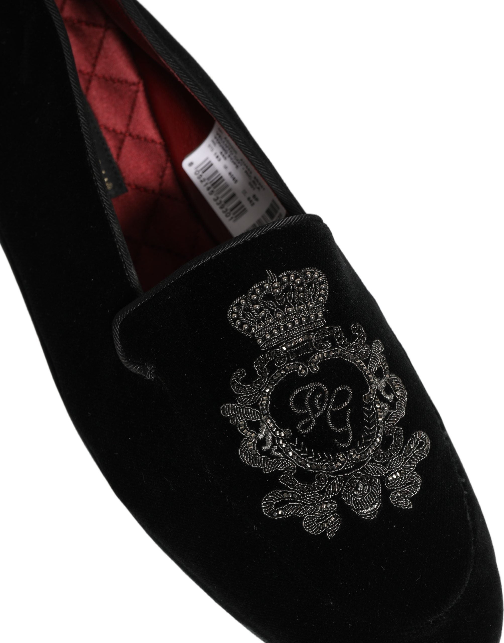 Dolce & Gabbana Black Velvet Crown Embroidery Loafers Men's Shoes