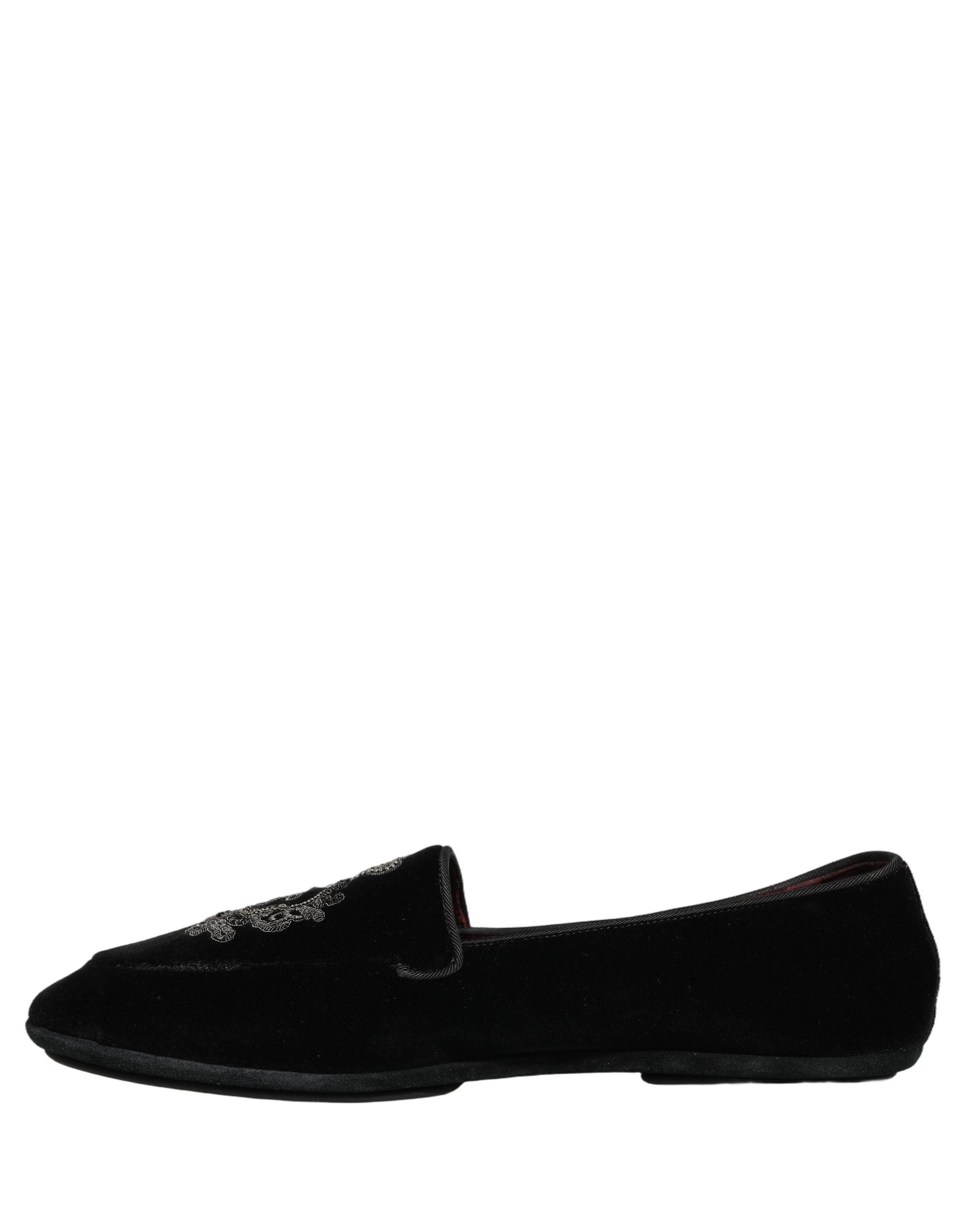 Dolce & Gabbana Black Velvet Crown Embroidery Loafers Men's Shoes