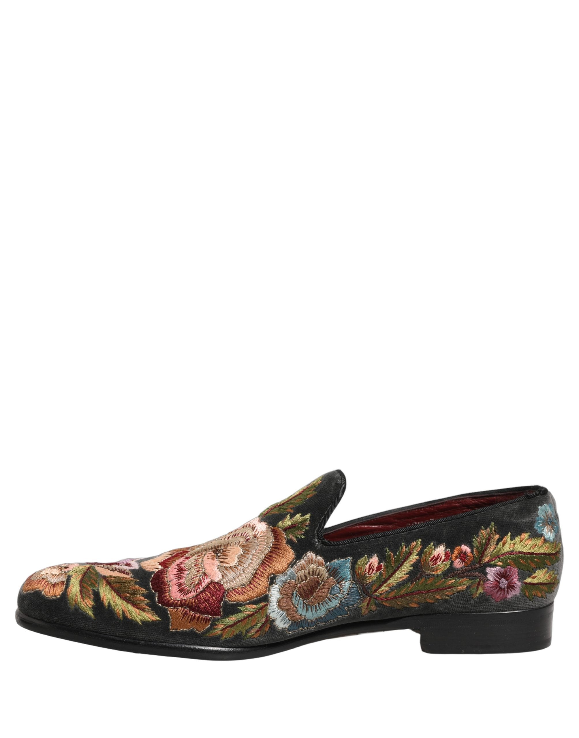 Dolce & Gabbana Black Velvet Floral Embroidery Loafers Men's Shoes (Pre-Owned)