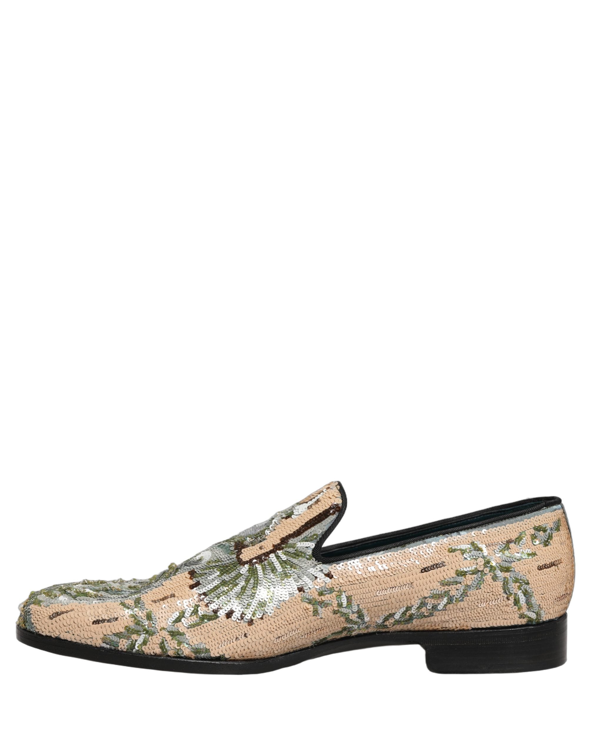 Dolce & Gabbana Beige Sequin Embroidery Dress Loafers Men's Shoes