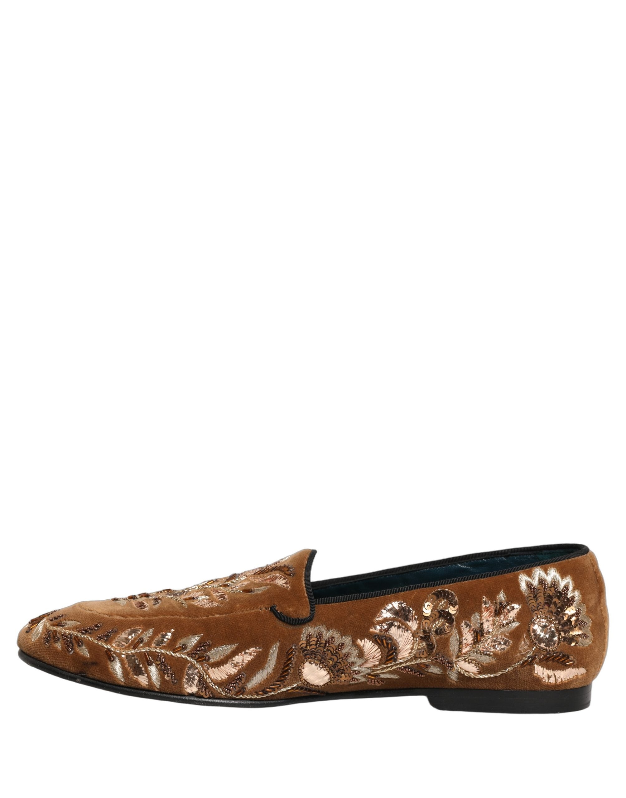 Dolce & Gabbana Brown Velvet Floral Embroidery Loafers Men's Shoes (Pre-Owned)