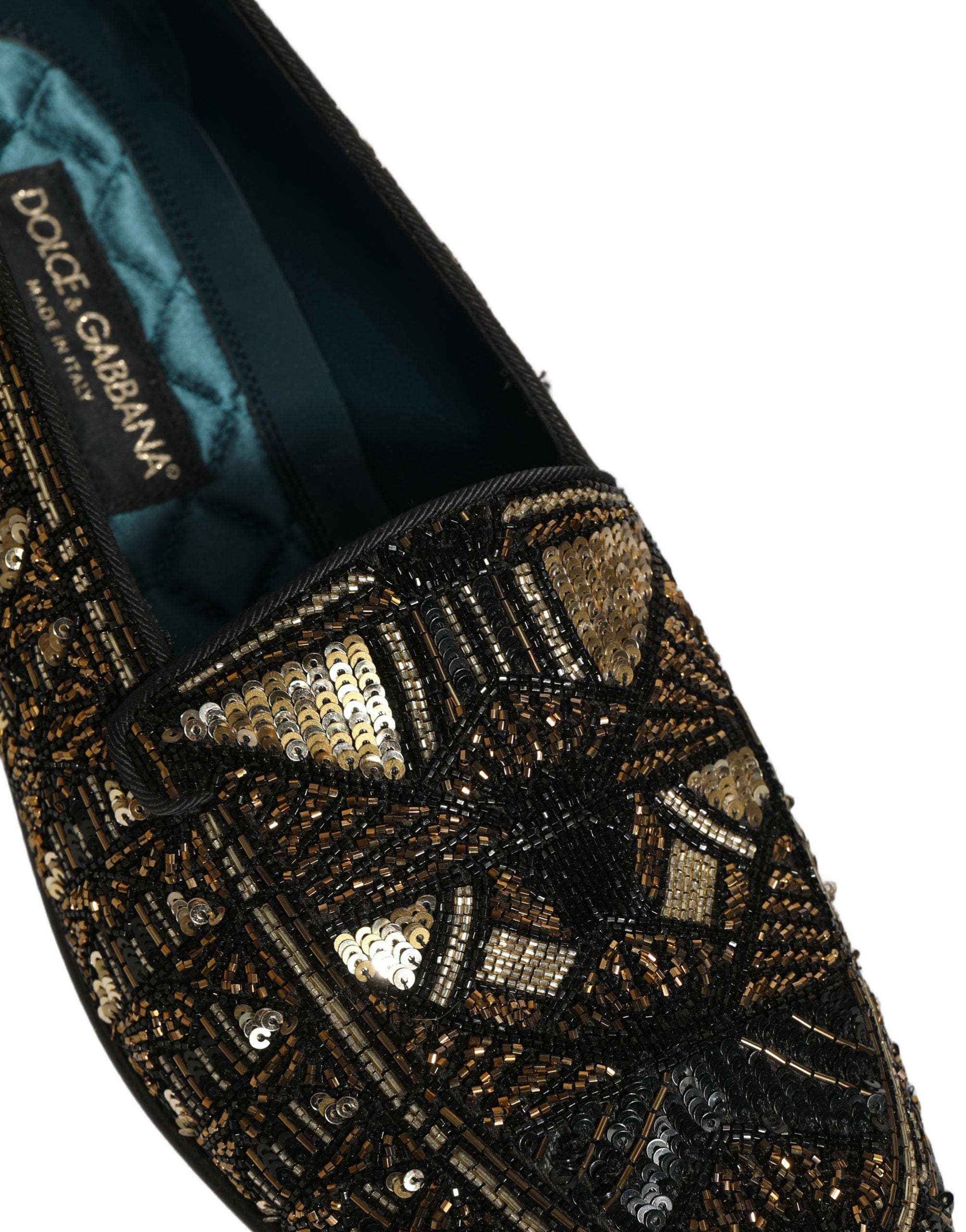 Dolce & Gabbana Black Gold Embellished Slip On Loafers Men's Shoes