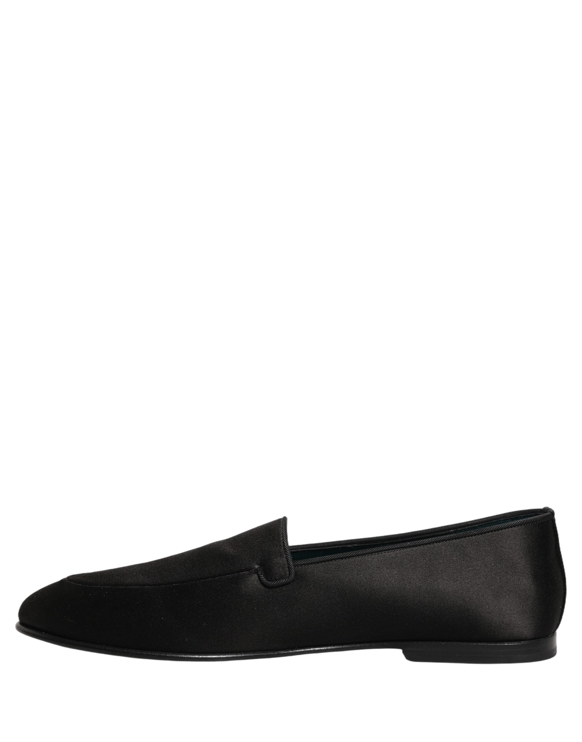 Dolce & Gabbana Black Satin Logo Slip On Flats Loafers Men's Shoes