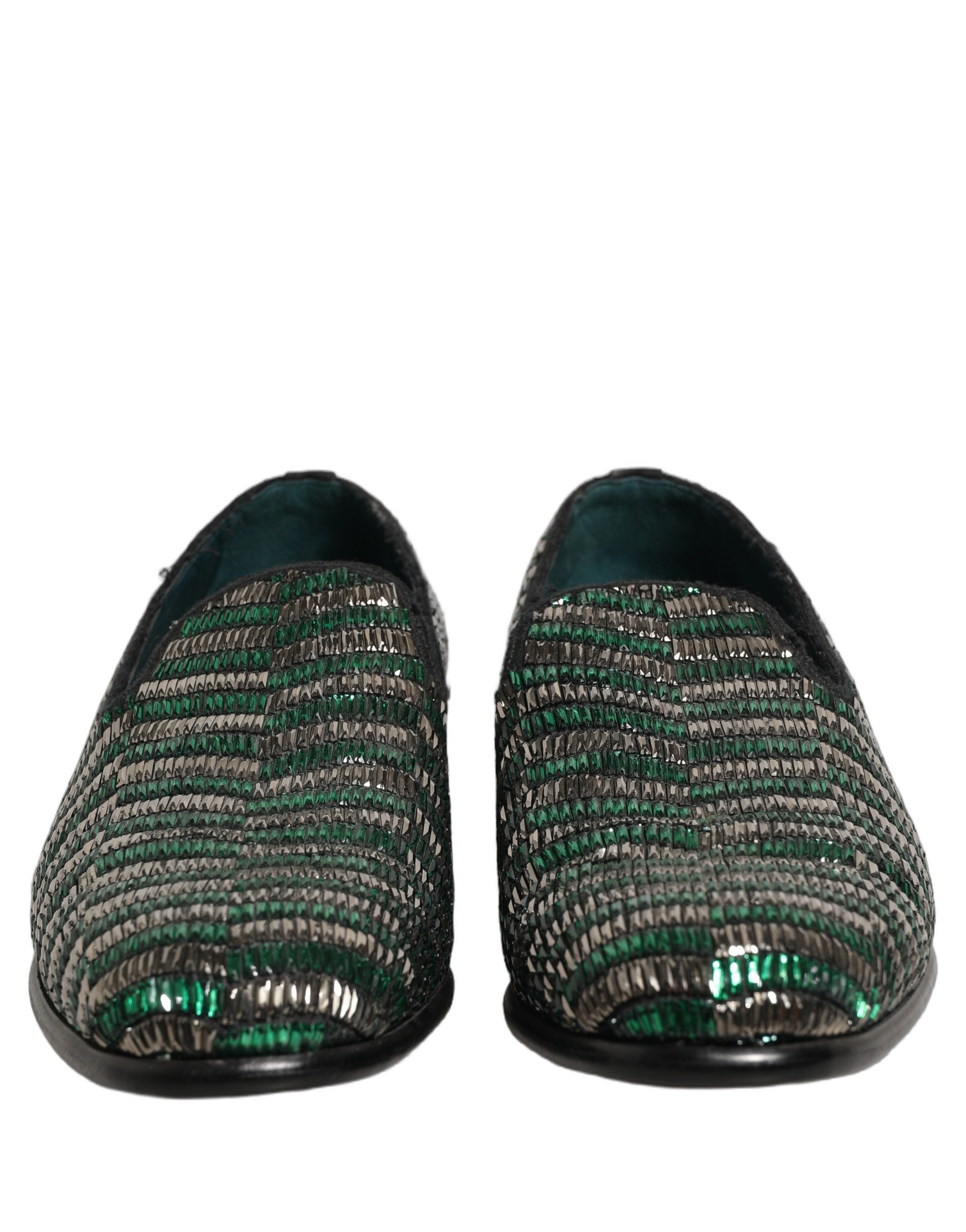 Dolce & Gabbana Silver Green Embellished Dress Loafers Men's Shoes