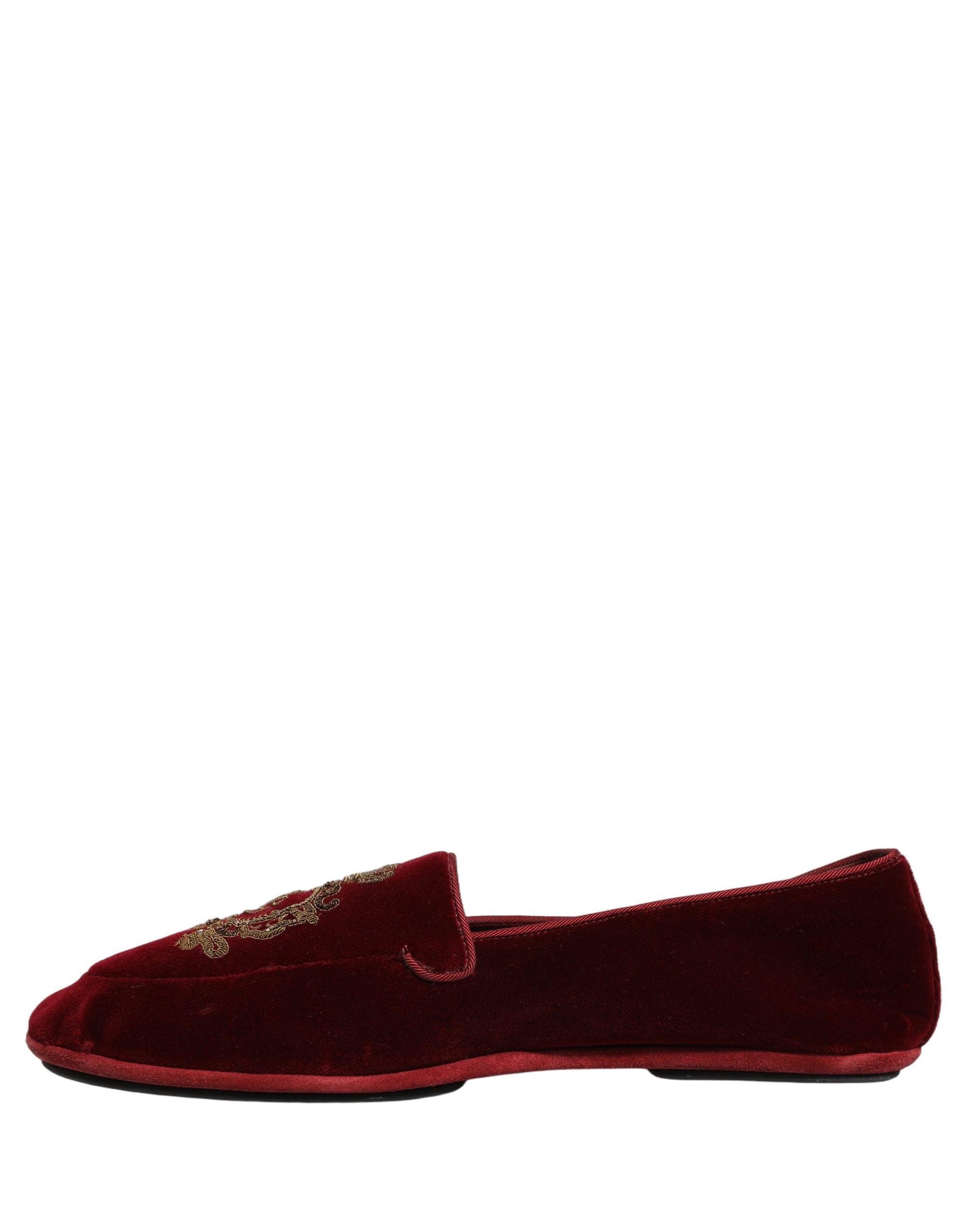 Dolce & Gabbana Maroon Velvet Crown Embroidery Loafers Men's Shoes