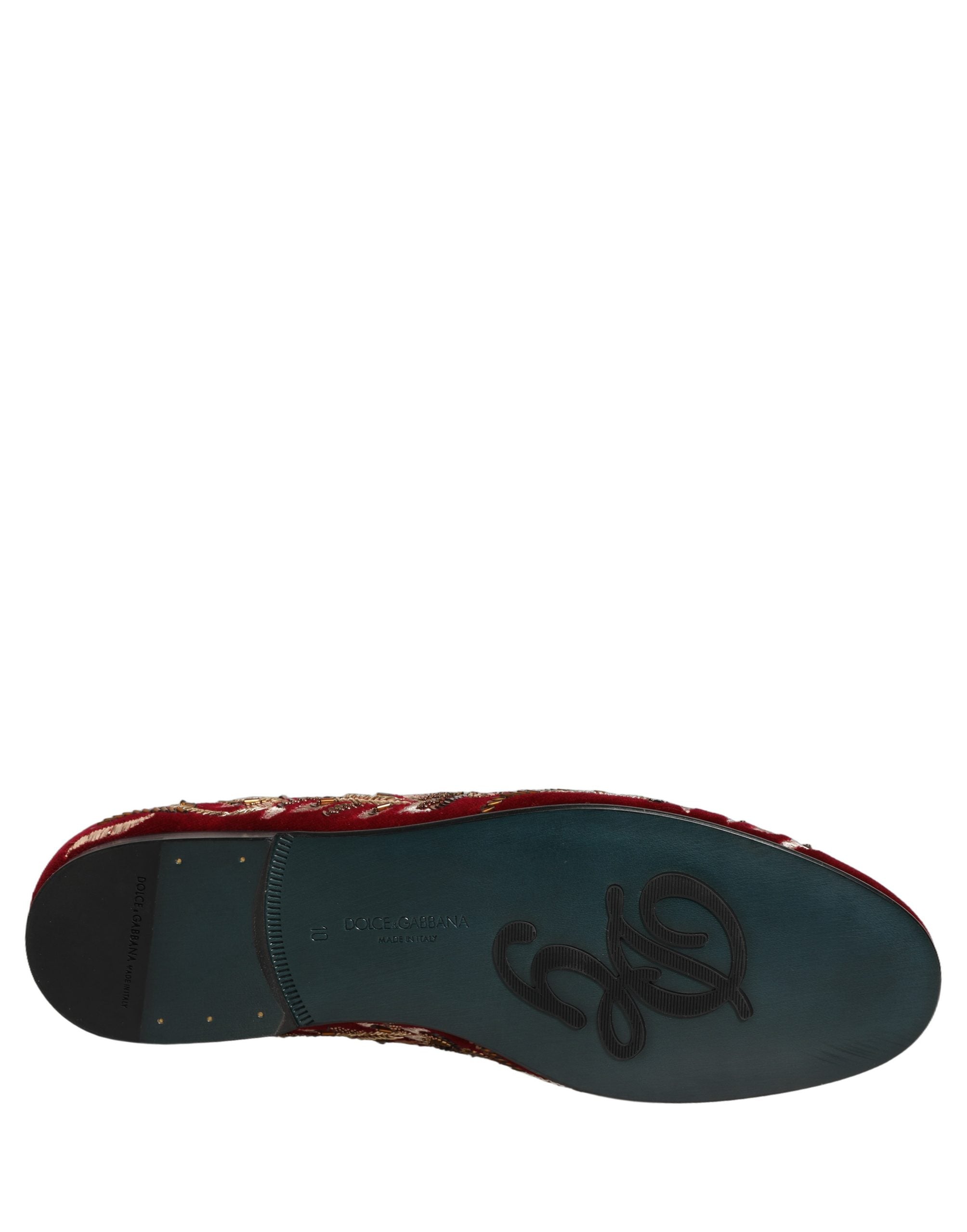 Dolce & Gabbana Red Velvet Floral Embroidery Loafers Men's Shoes