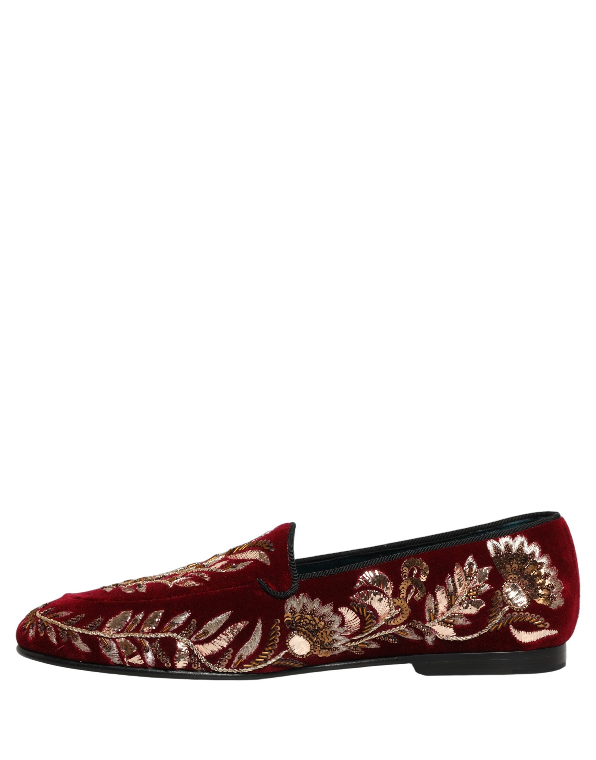 Dolce & Gabbana Red Velvet Floral Embroidery Loafers Men's Shoes