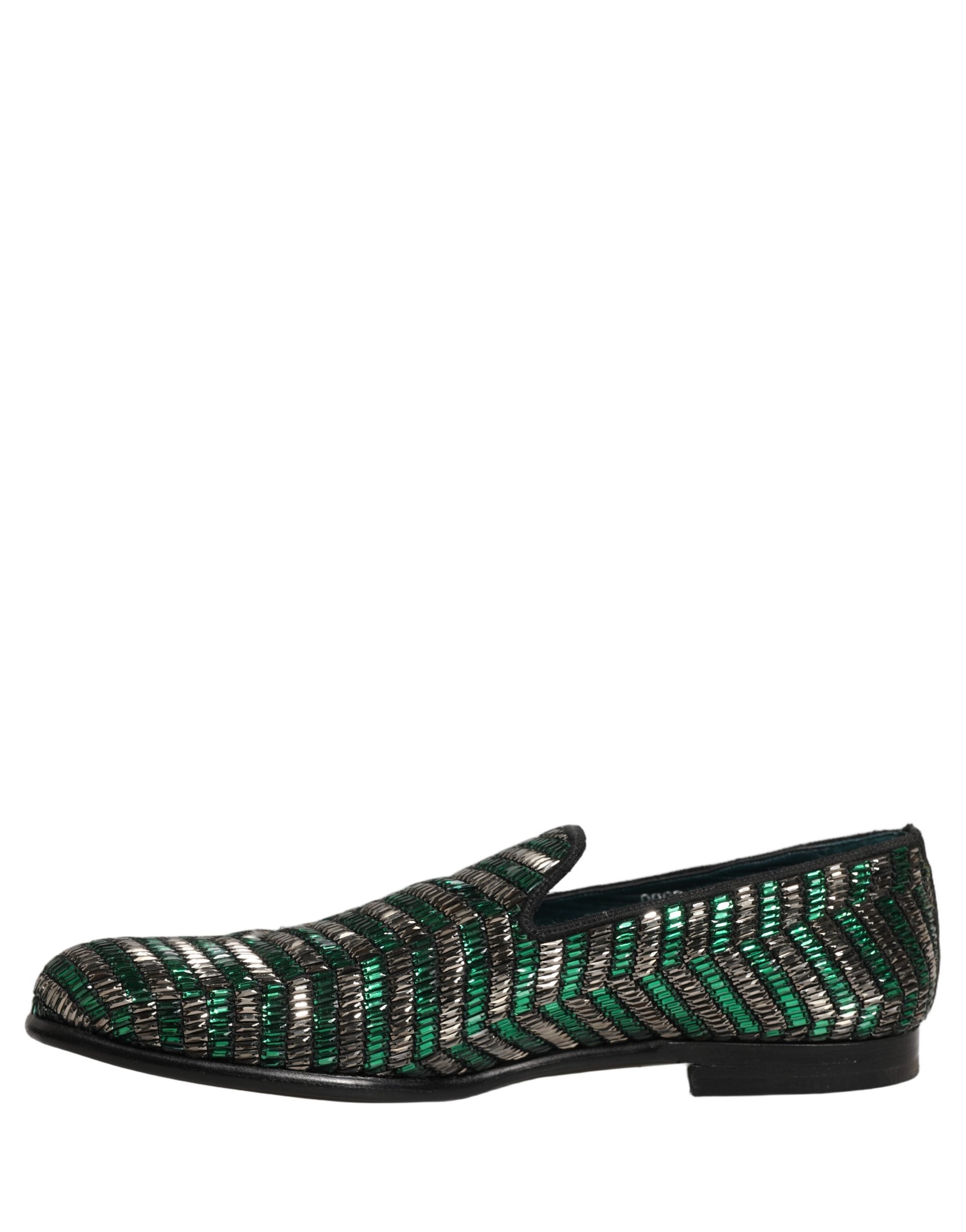Dolce & Gabbana Silver Green Embellished Dress Loafers Men's Shoes