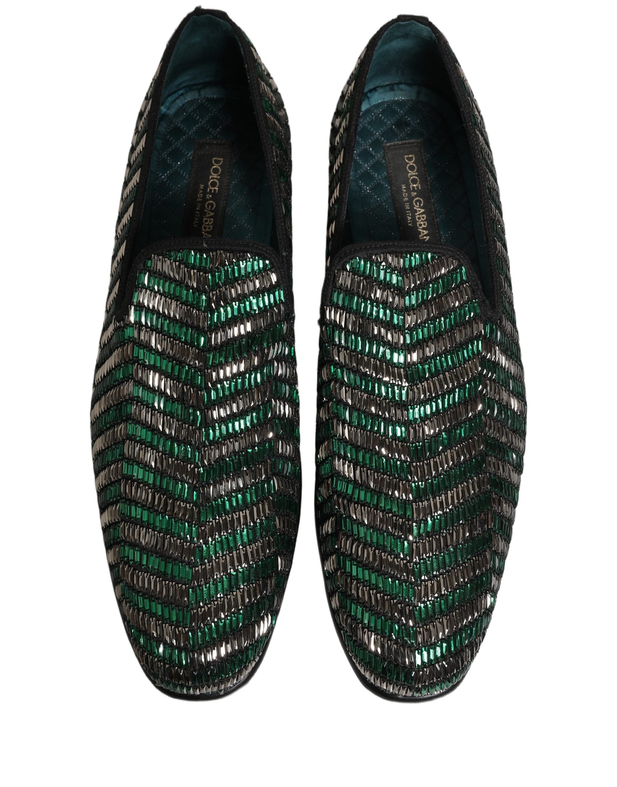 Dolce & Gabbana Silver Green Embellished Dress Loafers Men's Shoes