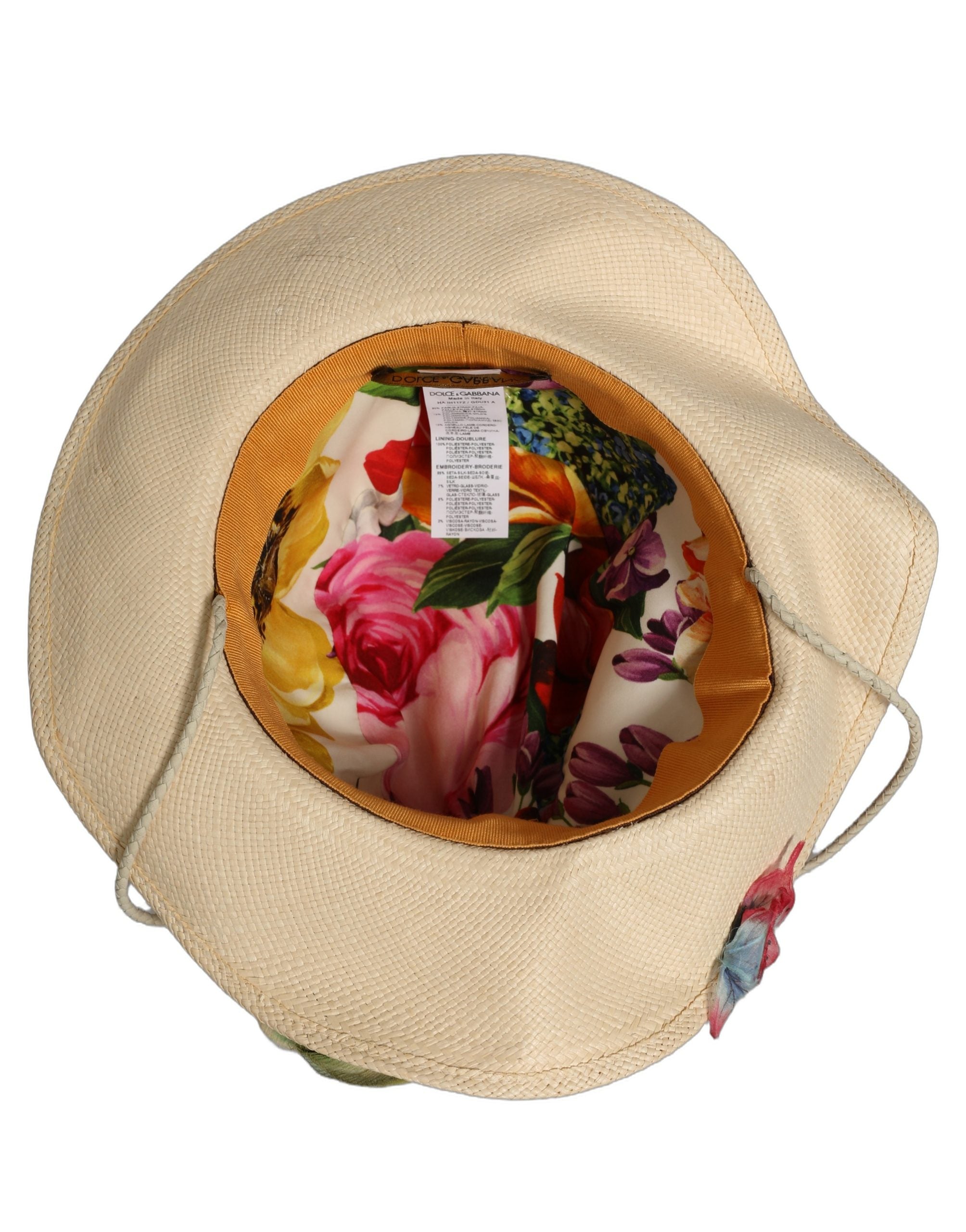Dolce & Gabbana Women Beige Floral Apllique Straw Bucket Women's Hat (Pre-Owned)