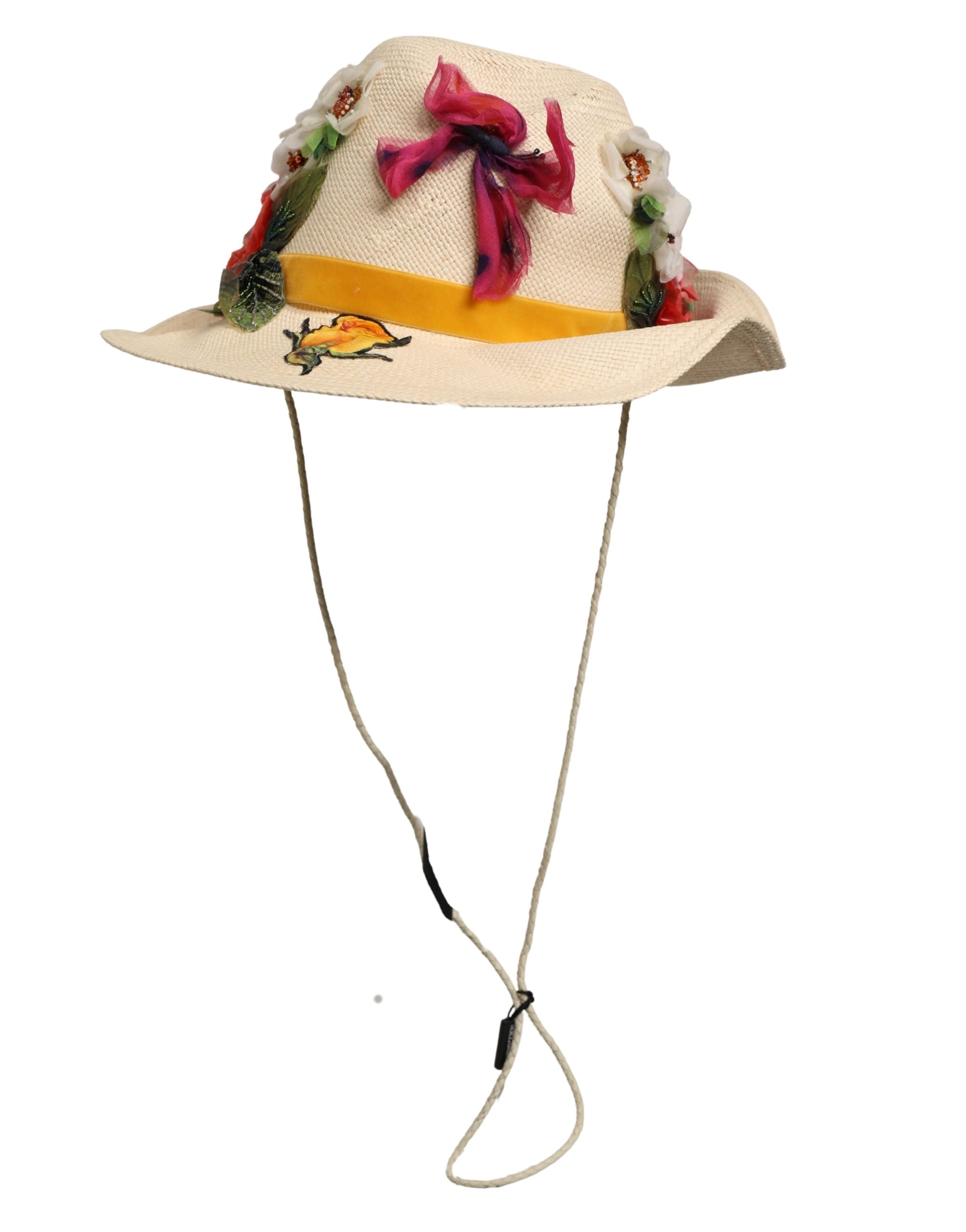 Dolce & Gabbana Women Beige Floral Apllique Straw Bucket Women's Hat (Pre-Owned)
