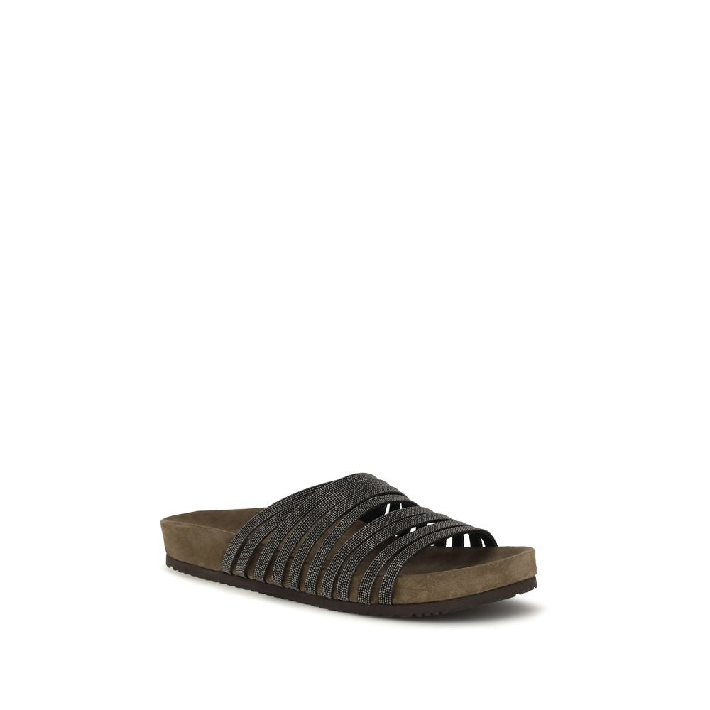 Brunello Cucinelli Black Calf Leather Bos Taurus Flat Women's Sandals