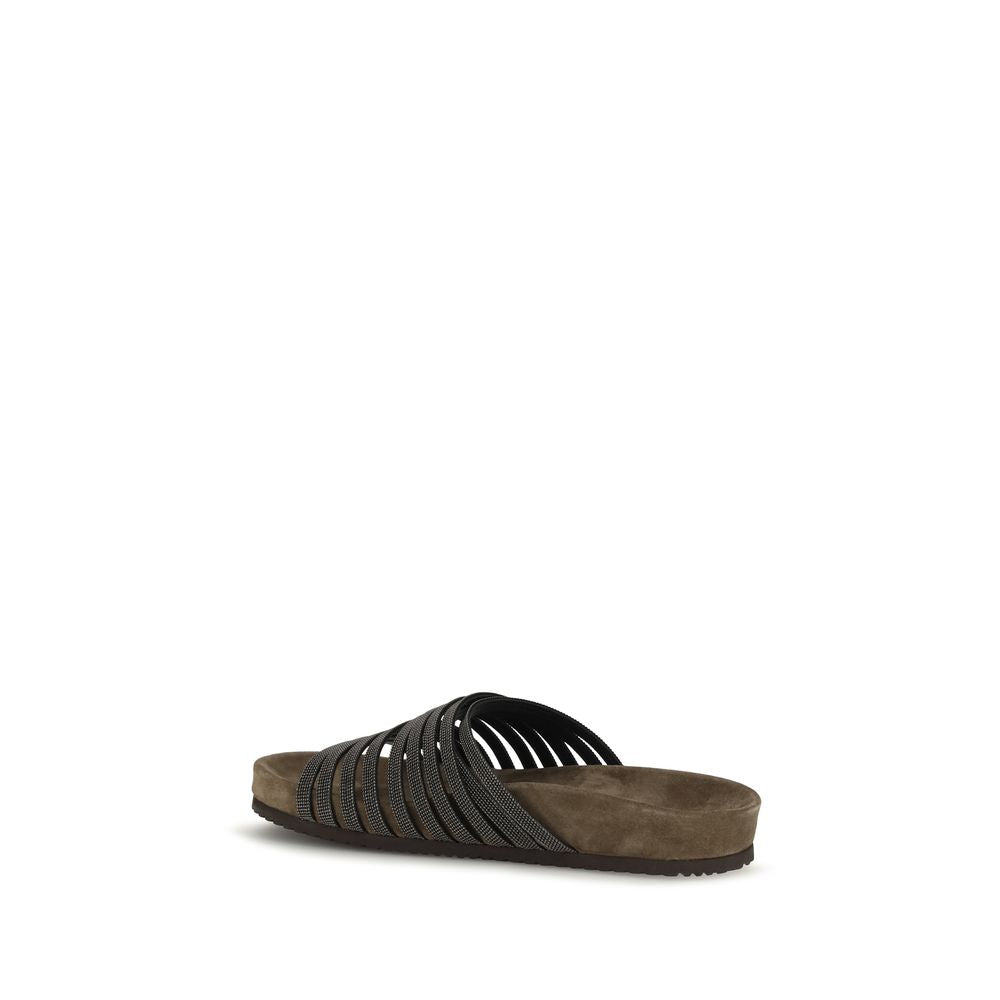 Brunello Cucinelli Black Calf Leather Bos Taurus Flat Women's Sandals