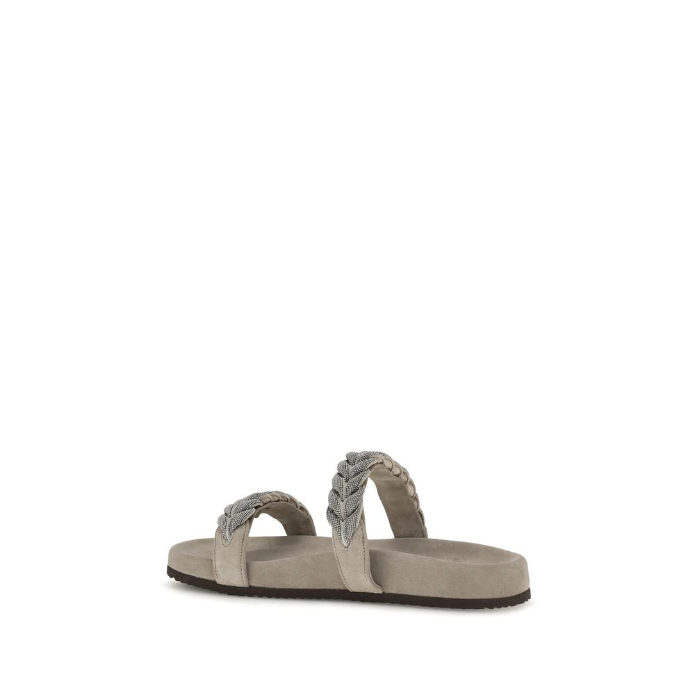 Brunello Cucinelli Gray Calf Leather Bos Taurus Flat Women's Sandals