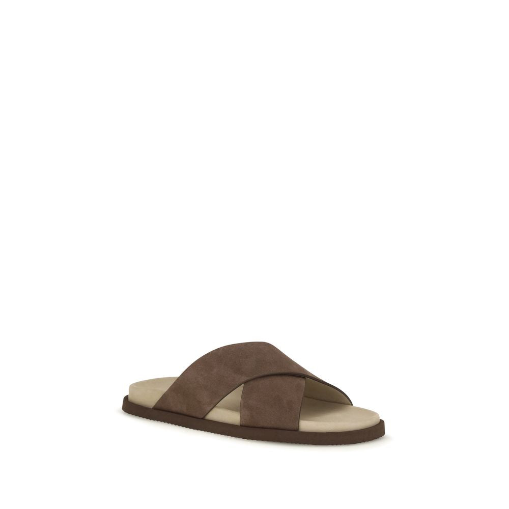 Brunello Cucinelli Brown Calf Leather Bos Taurus Flat Men's Sandals